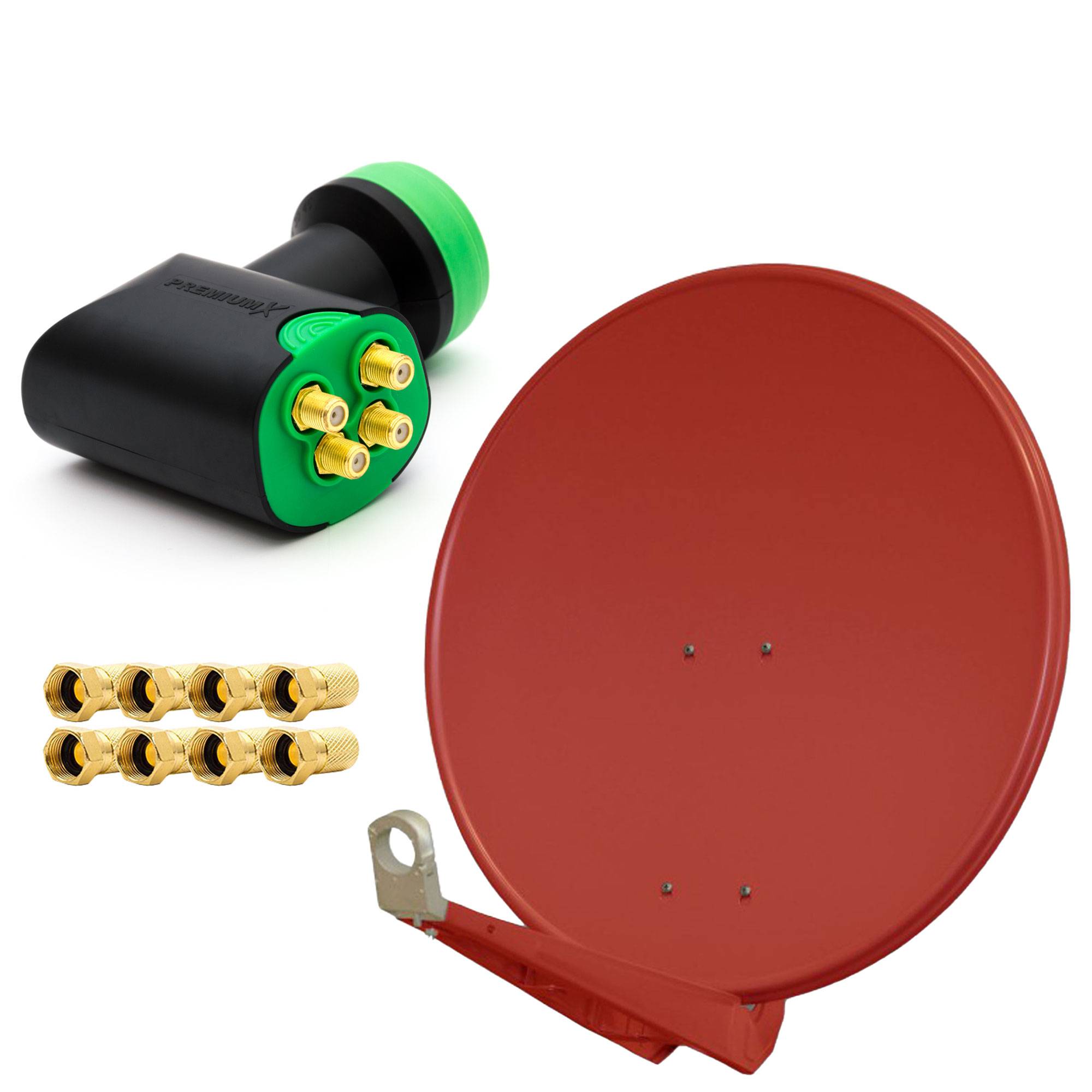 PremiumX DELUXE SAT Anlage für 4 Empfänger 85cm Satellitenantenne ALU Ziegelrot mit Green Diamond Quad LNB inkl. 8x F-Stecker