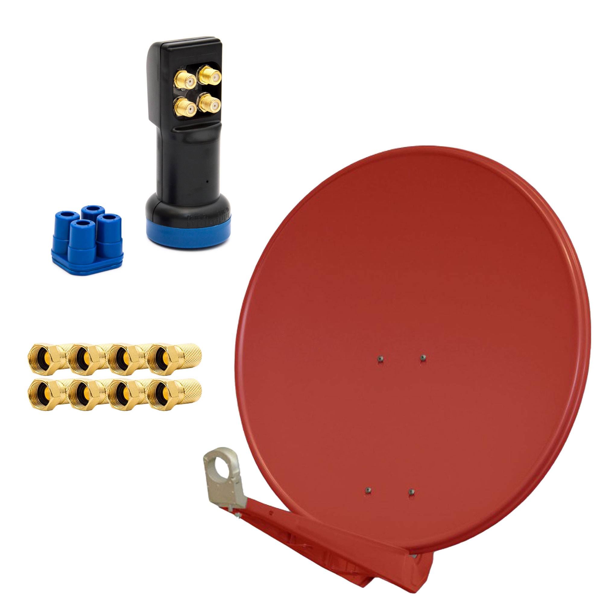 PremiumX DELUXE SAT Anlage bis 4 TV Receiver 85cm Satellitenantenne Aluminium Ziegelrot mit LED Quad LNB inkl. 8x F-Stecker 123251