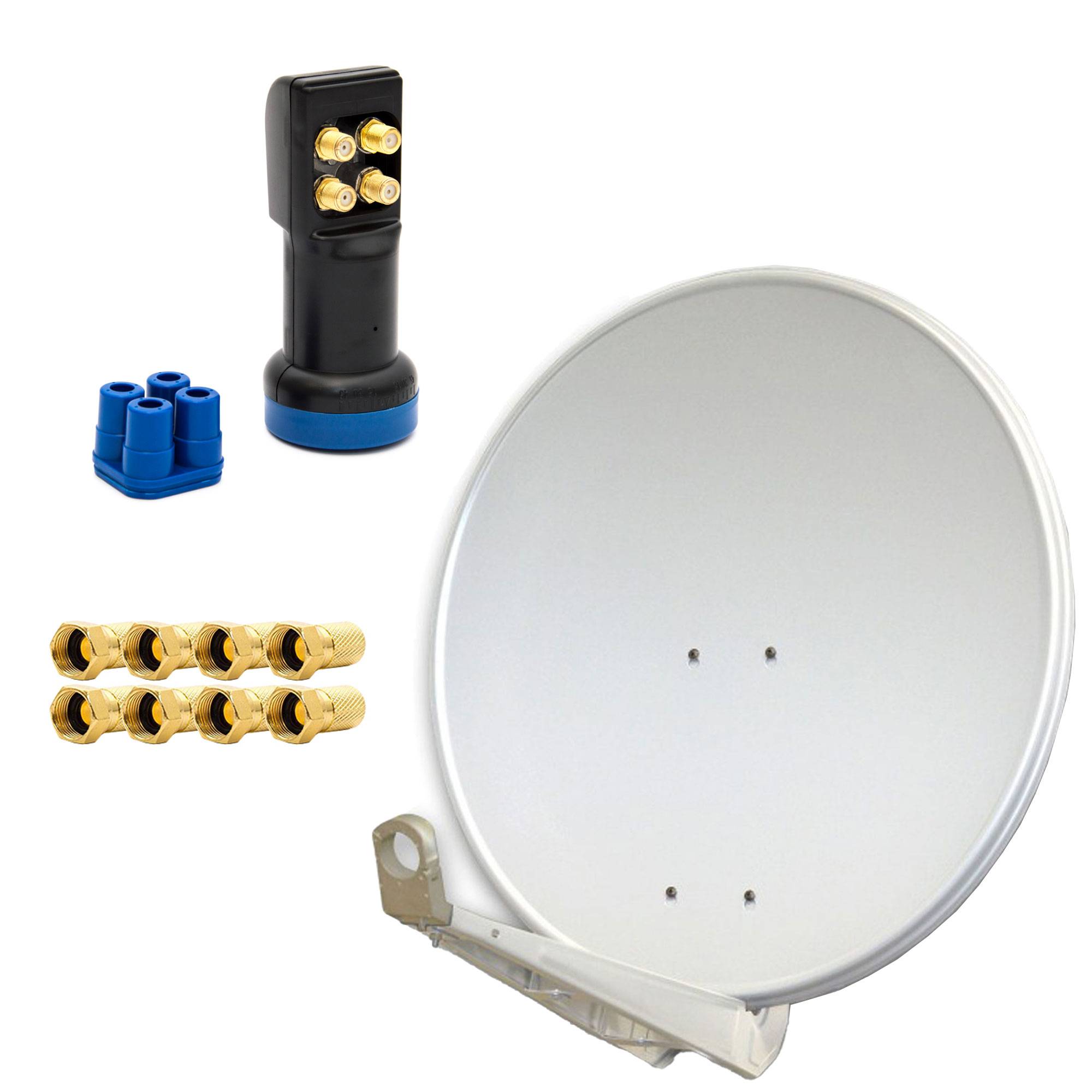 PremiumX DELUXE SAT Anlage bis 4 TV Receiver 85cm Satellitenantenne Aluminium Hellgrau mit LED Quad LNB inkl. 8x F-Stecker