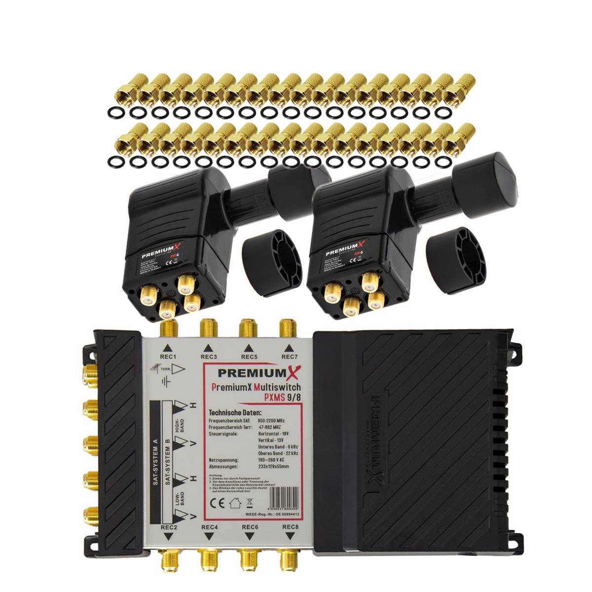 PremiumX Multischalter Set 9/8 Multiswitch 2x Rocket 3° Multifeed Quattro LNB 32x F-Stecker, Satverteiler 2 SAT für 8 Teilnehmer