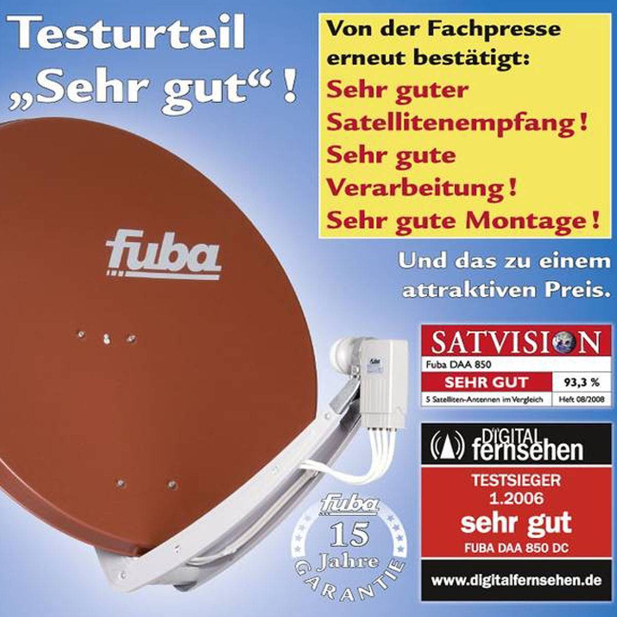 Fuba DAA 850 B Satellitenantenne 85cm Aluminium Braun DEK 417 Quad LNB Direktanschluss 4 Teilnehmer 8x F-Stecker