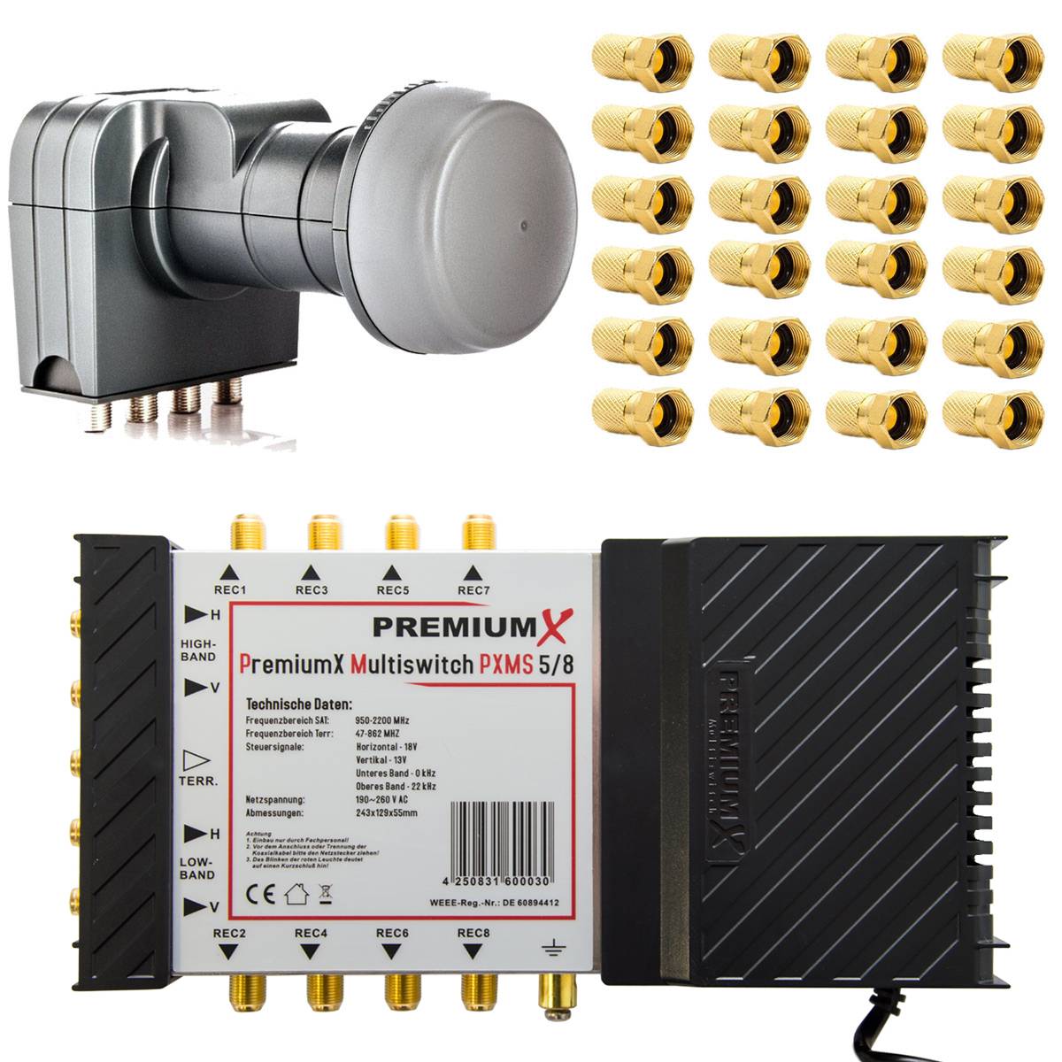 PremiumX PXMS Multischalter 5/8 Multiswitch Netzteil mit Fuba Quattro LNB und 24x F-Stecker für 8 Teilnehmer fähig 4K 8K