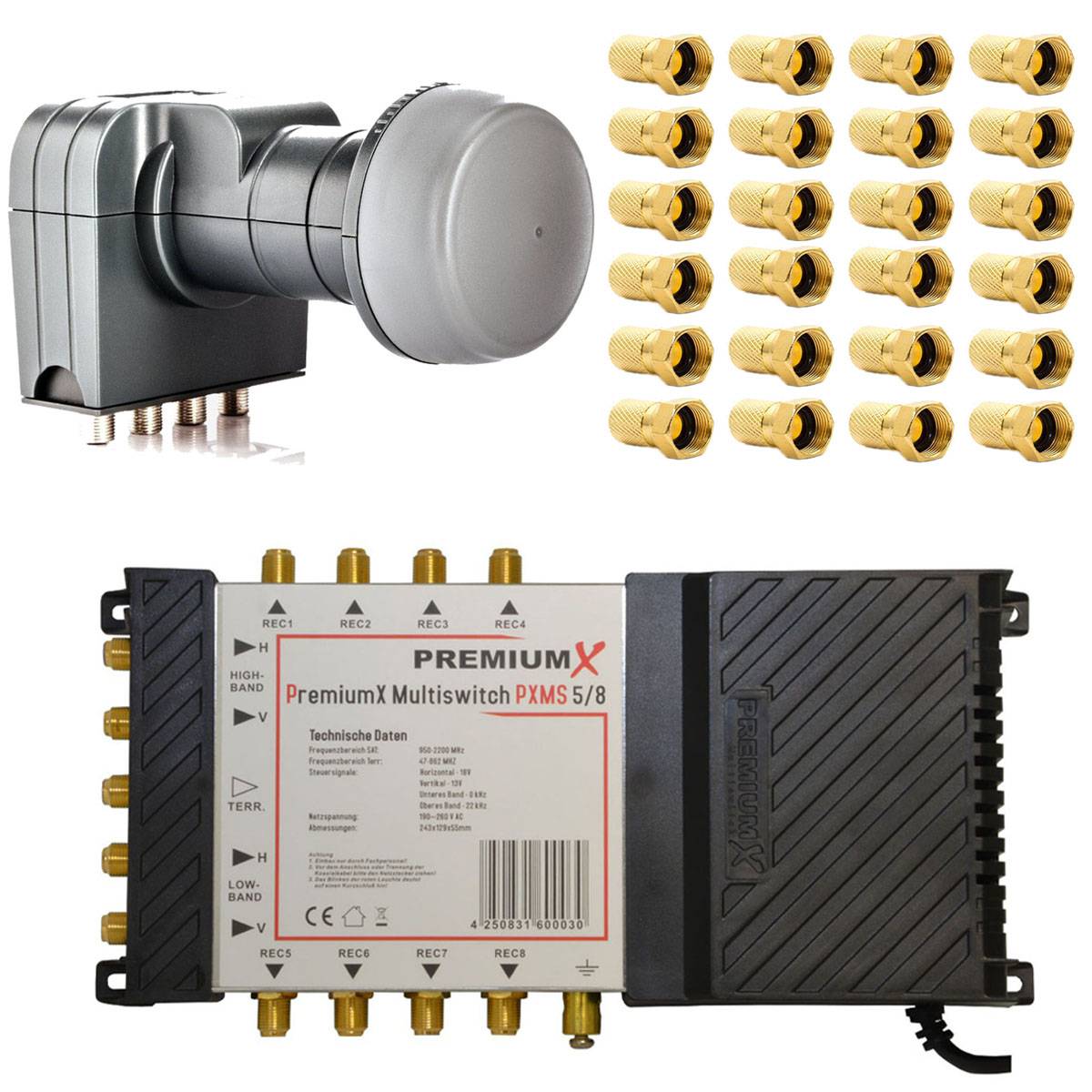 PremiumX PXMS Multischalter 5/8 Multiswitch Netzteil mit Fuba Quattro LNB und 24x F-Stecker für 8 Teilnehmer fähig 4K 8K