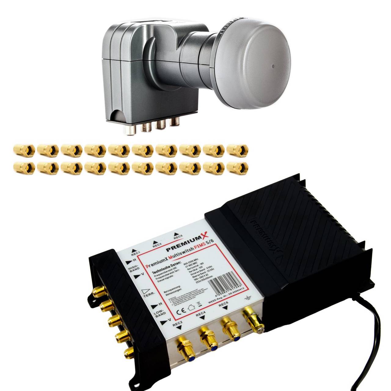 PremiumX PXMS SAT 5/6 Multischalter Multiswitch HDTV 4K mit Fuba DEK 407 Quattro LNB Anschluss LTE Filter 20x F-Stecker
