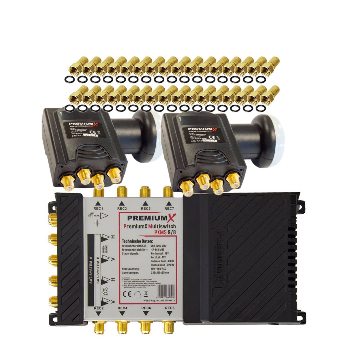 PremiumX Multischalter Set 9/8 Multiswitch 2x Deluxe Quattro LNB 32x F-Stecker, Satblock Signalverteiler 2 SAT für 8 Teilnehmer