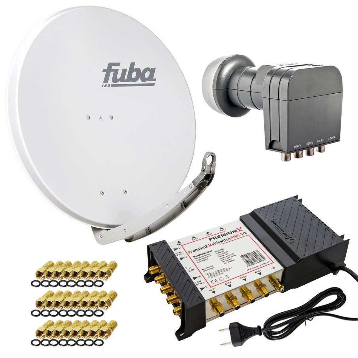 Fuba DAA 850 G Sat Anlage Aluminium Satellitenschüssel Grau mit PremiumX Multischalter 5/8 Switch und Quattro LNB für 8 Teilnehmer