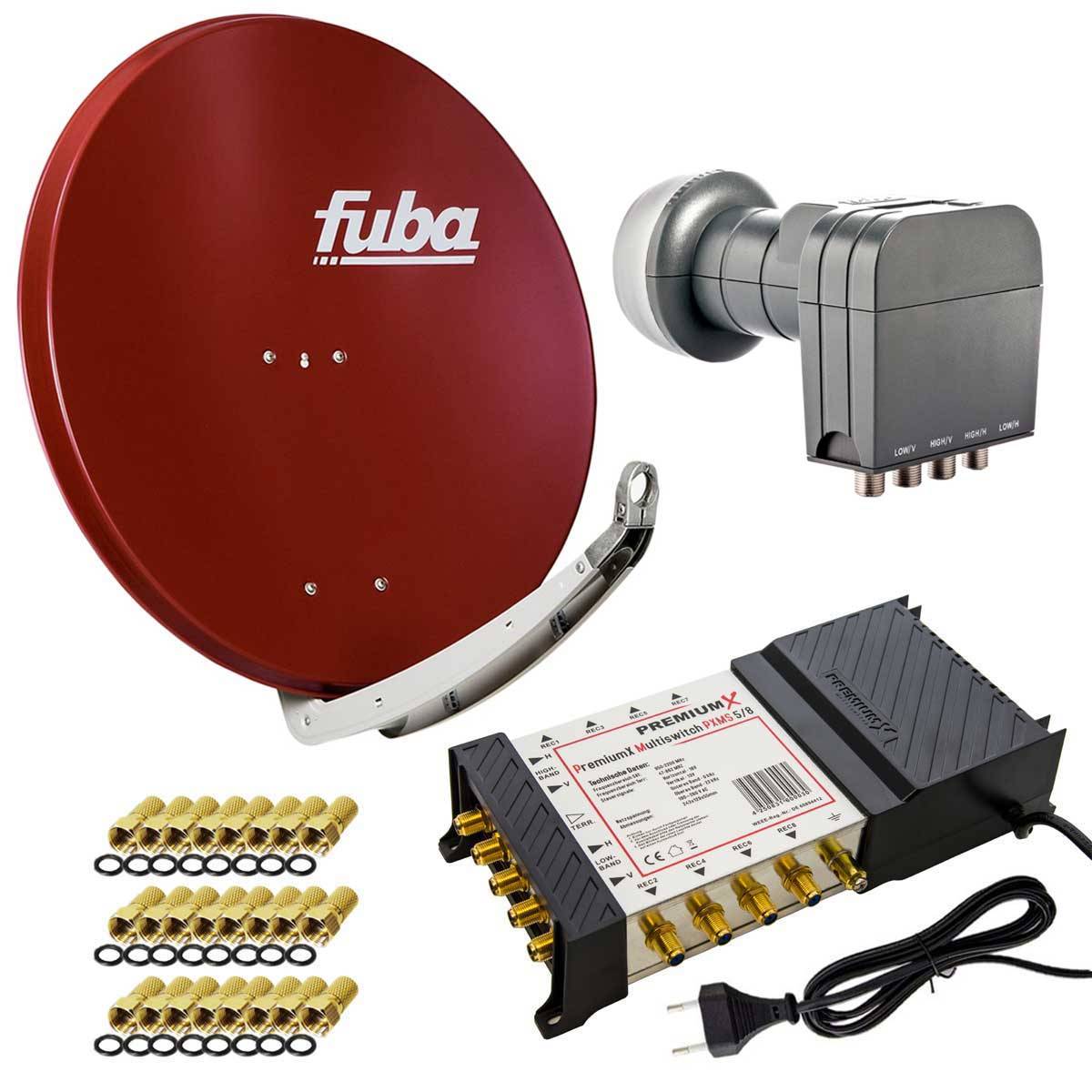 Fuba DAA 850 R Sat Anlage Aluminium Satellitenschüssel Ziegelrot mit PremiumX Multischalter 5/8 Switch und Quattro LNB für 8 Teilnehmer