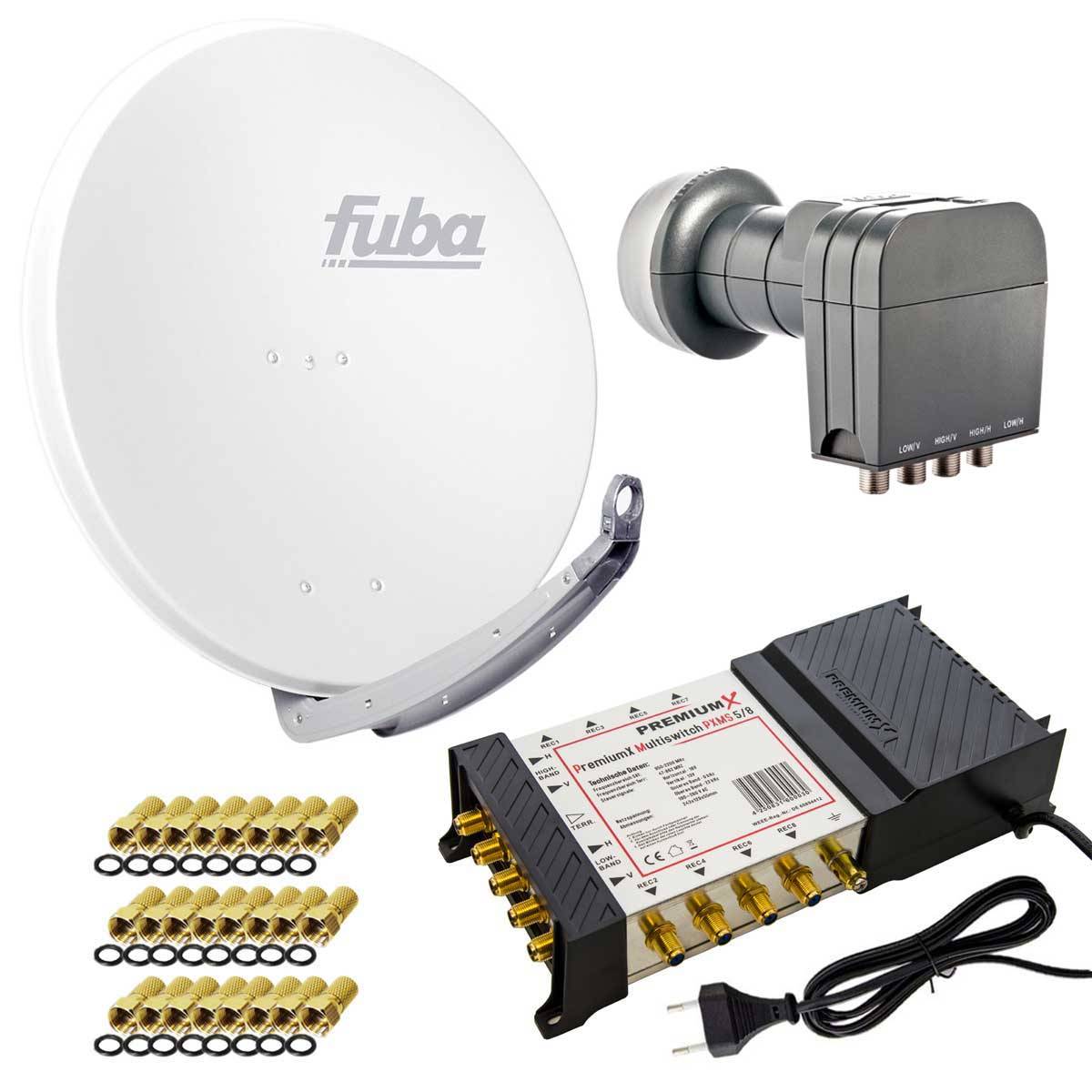 Fuba DAA 850 W Sat Anlage Aluminium Satellitenschüssel Weiß mit PremiumX Multischalter 5/8 Switch und Quattro LNB für 8 Teilnehmer