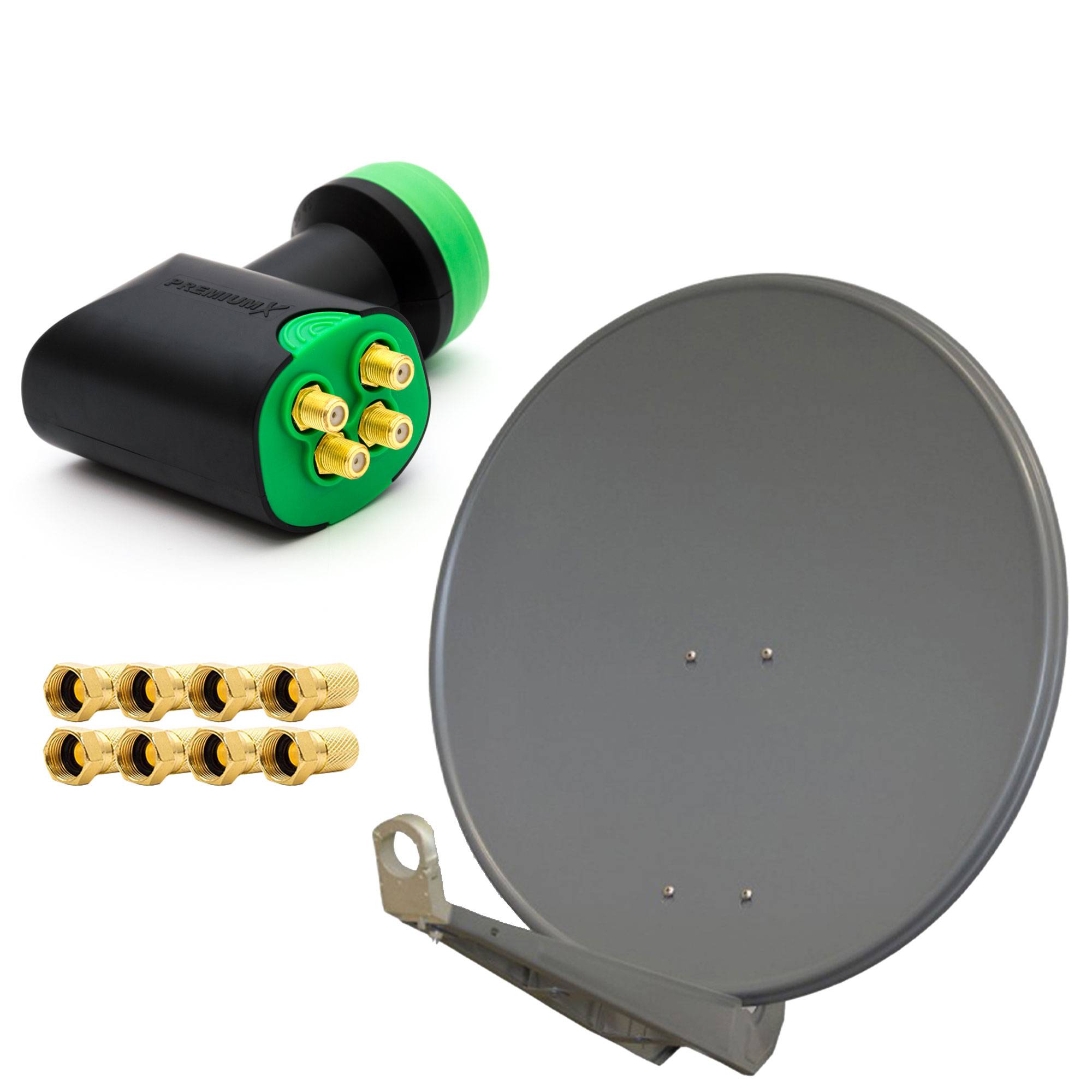 PremiumX DELUXE80 Satellitenantenne 80 cm Alu Anthrazit GDQS Quad LNB Full HDTV 4 Teilnehmer 4 fach Direkt Quattro Switch 4K
