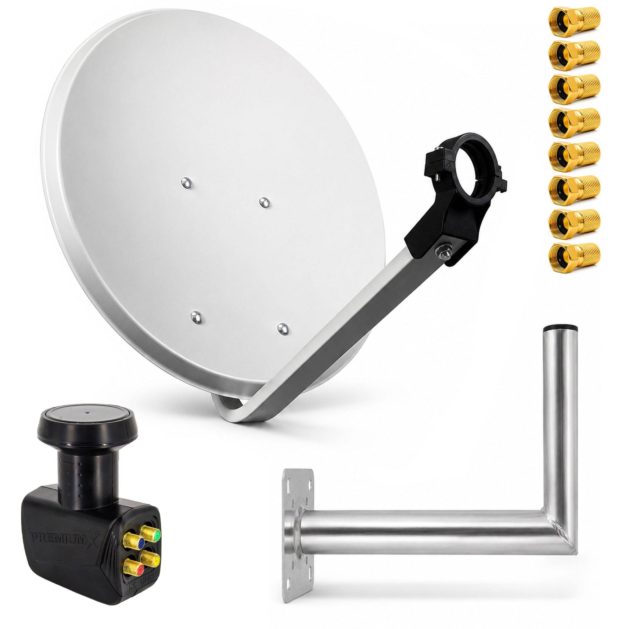 Satellitenschüssel-Montageset mit Schüssel, verstellbarem Arm, Wandhalterung, Empfänger-Speisehornanlage und einem Satz Koaxialstecker sowie Hardwarekomponenten.