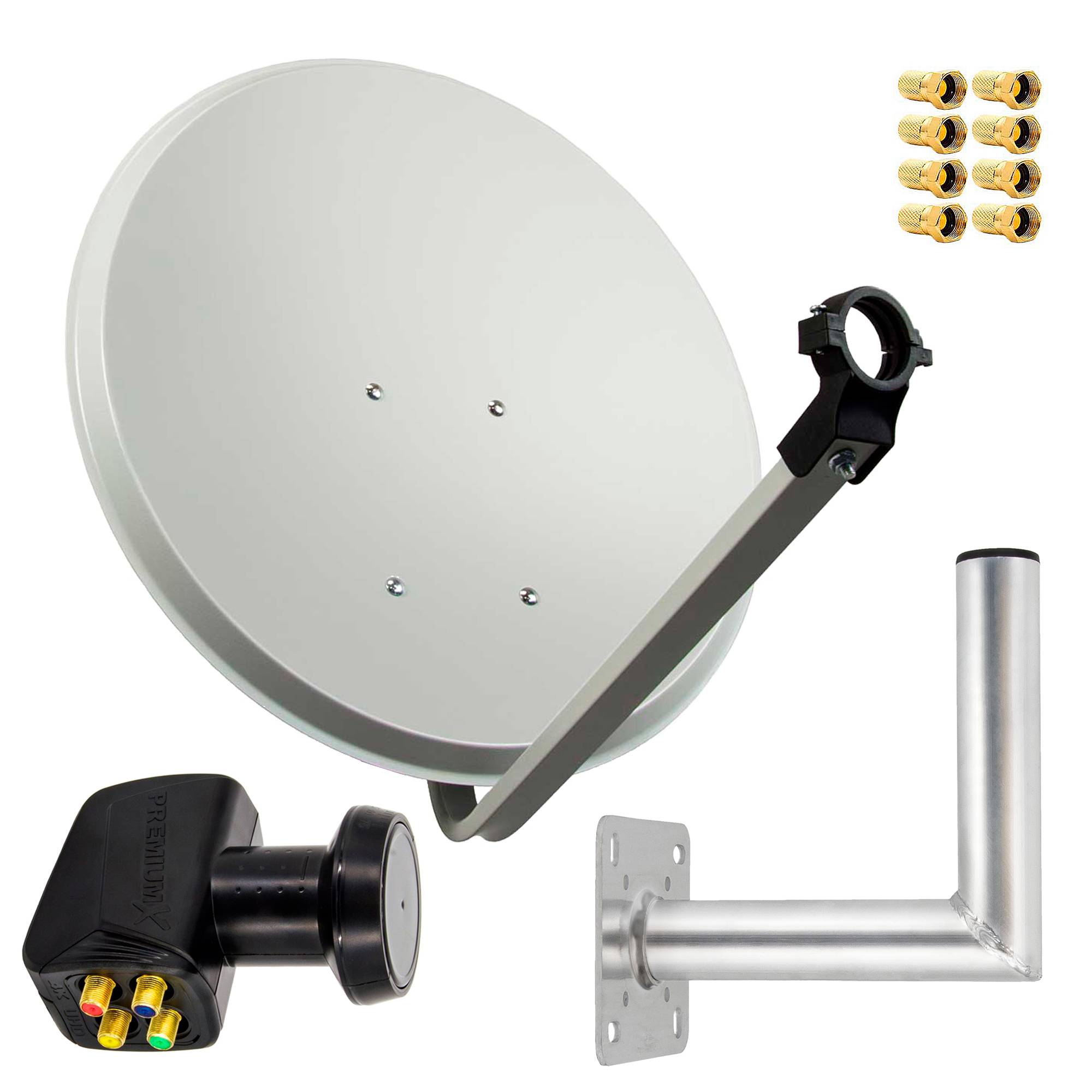PremiumX Satelliten-Komplettanlage 80cm Satellitenschüssel Hellgrau Quad LNB 8x F-Stecker Wandhalter 25cm - SAT bis 4 Teilnehmer