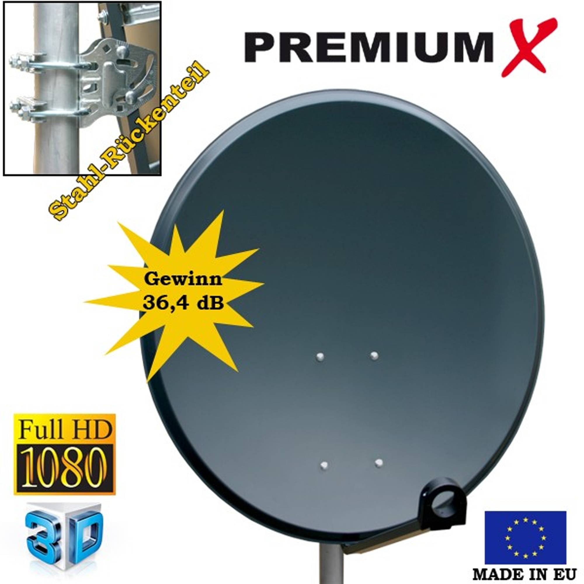 PremiumX Balkon Satelliten-Komplettanlage 60cm SAT Antenne Single LNB 10m Antennenkabel 2x F-Stecker Balkonhalter