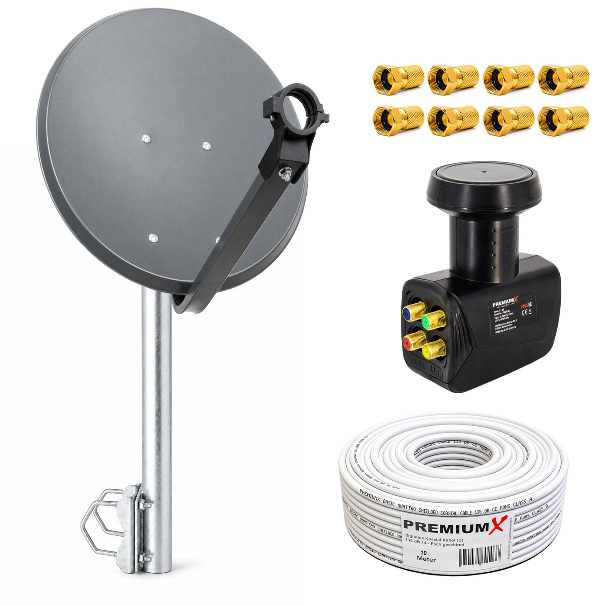 Satellitenschüssel-Set mit Montagestange, LNB, Steckverbindern und Koaxialkabel-Spule auf weißem Hintergrund