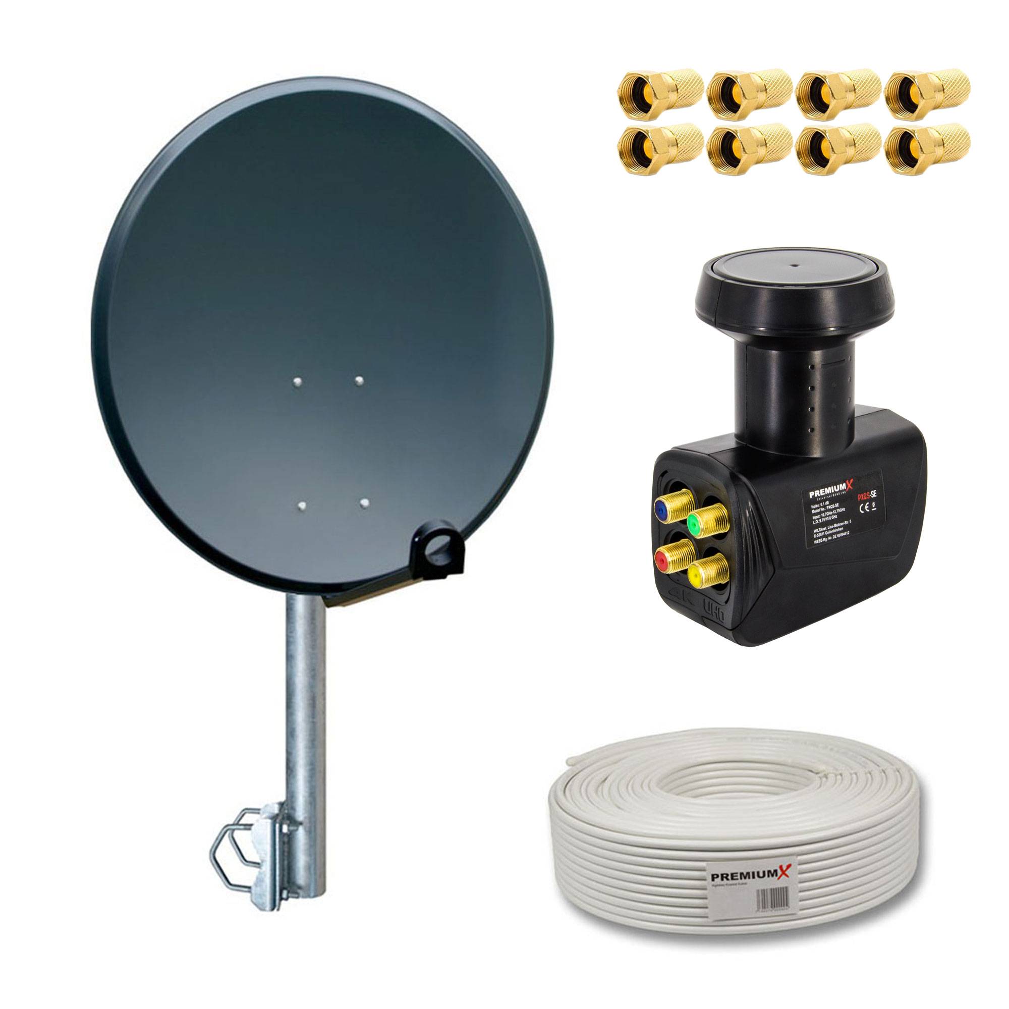 PremiumX Balkon Satelliten-Komplettanlage 4 Teilnehmer 60cm SAT Antenne Quad LNB 10m Kabel 8x F-Stecker Balkonhalter