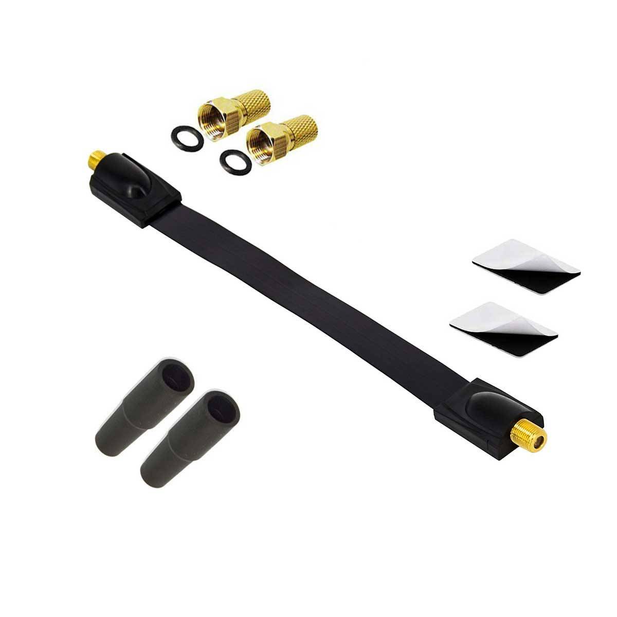 PremiumX Sat Fensterdurchführung 2x F-Stecker 2x Gummitüllen Flachkabel Set DVB-C DVB-T extra Flach 26cm schwarz 2x Klebepads