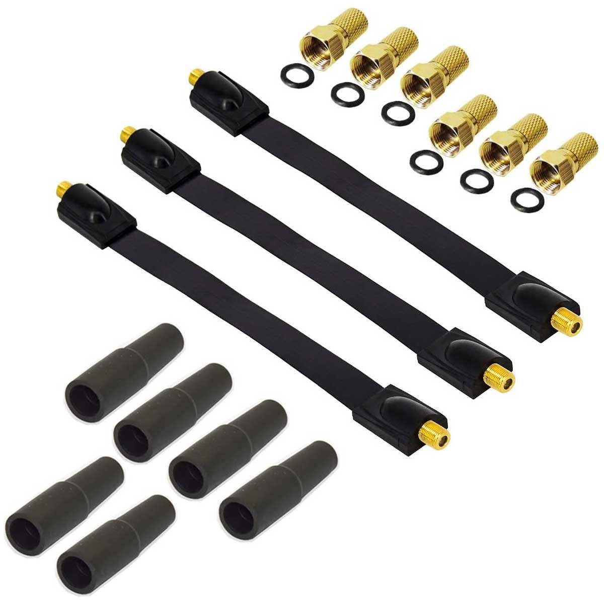 PremiumX 3x Sat Fensterdurchführung DVB-C DVB-T 6x F Stecker 6x Gummitüllen Flach kabel extra Flach 26cm schwarz 6x Klebepads