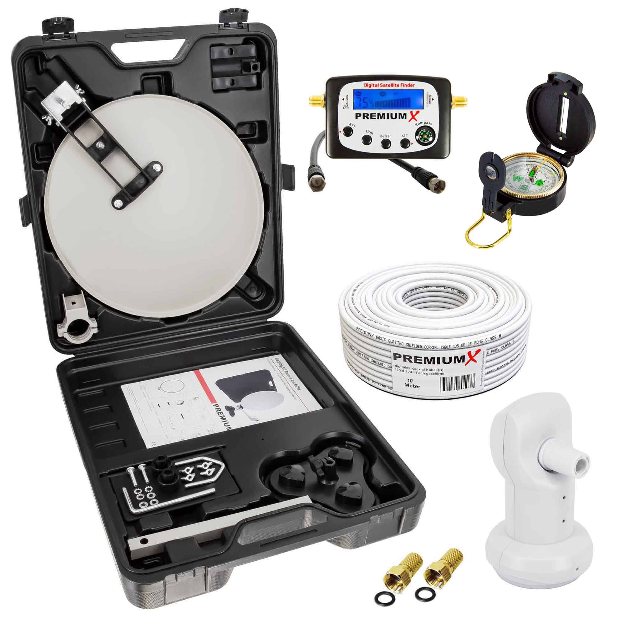 PremiumX Camping SAT Anlage Satellitenschüssel Sat-TV-Signalfinder Kompass Single LNB 10m Kabel F-Stecker kompakt im Koffer