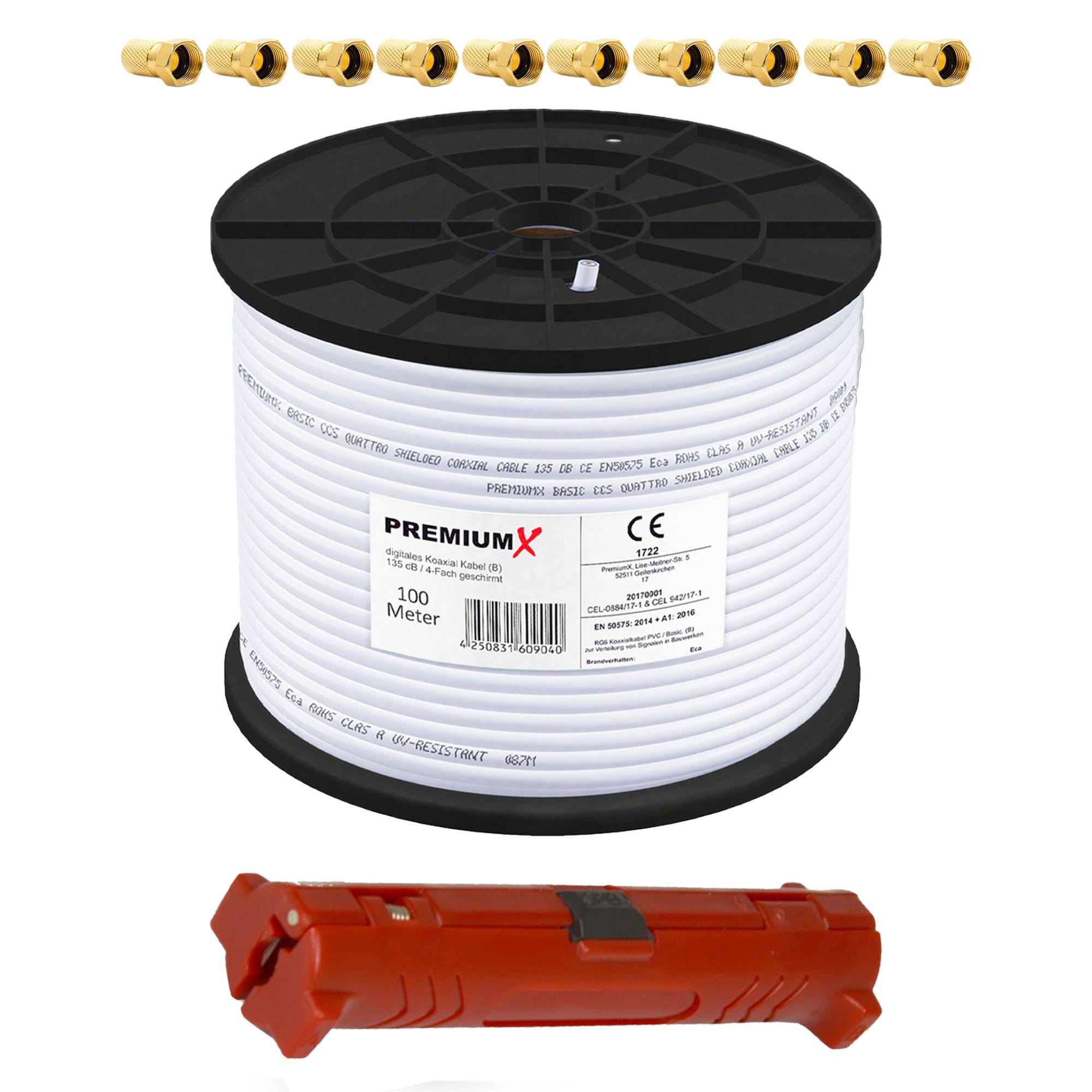 PremiumX 100m BASIC Koaxialkabel 135dB 4-fach SAT Antennenkabel Koax-Kabel RG6 Satellitenkabel Abisolierer 10x F-Stecker