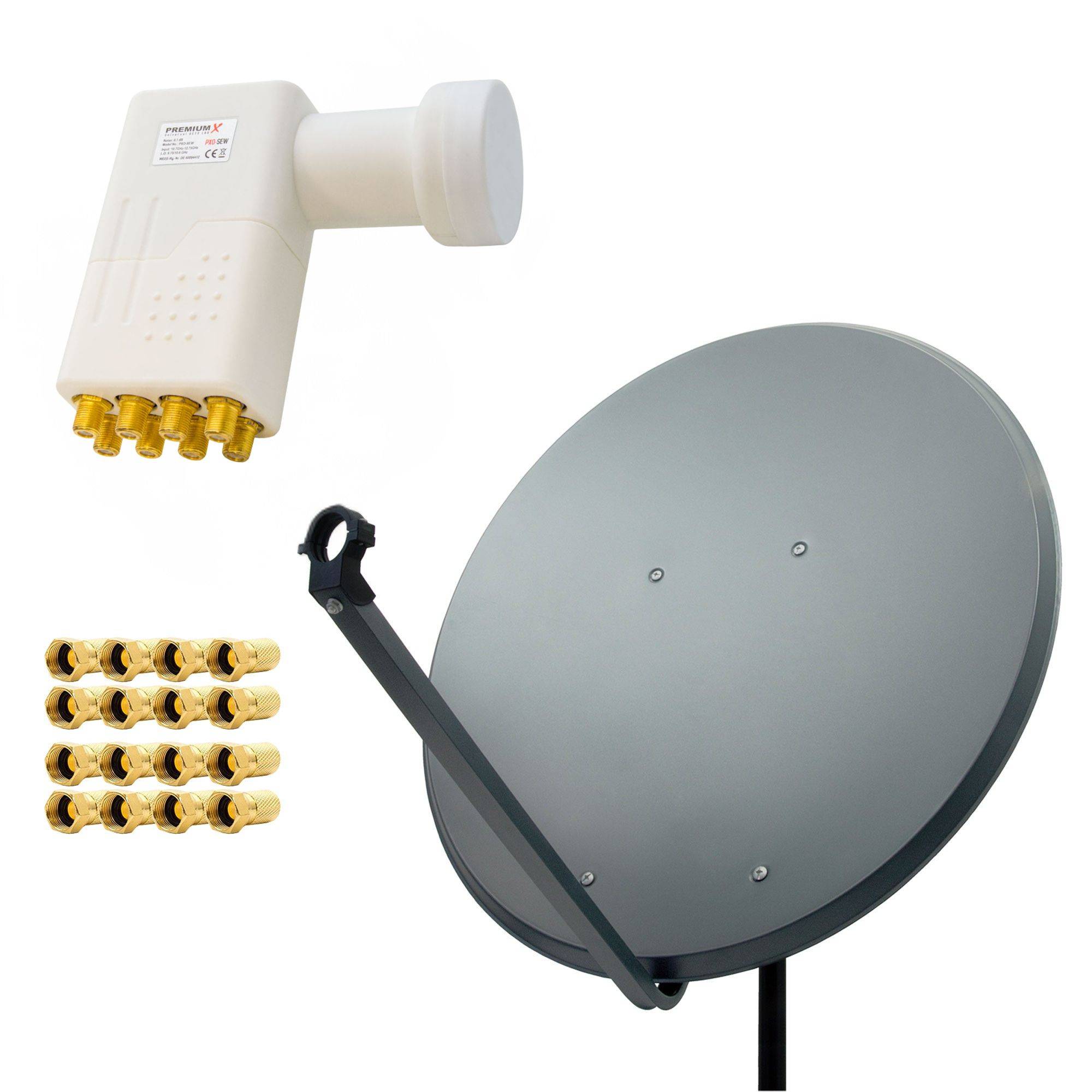 PremiumX Satelliten-Komplettanlage 100cm Satellitenschüssel Aluminium Anthrazit Antenne Octo LNB 16x F-Stecker, SAT bis 8 Teilnehmer