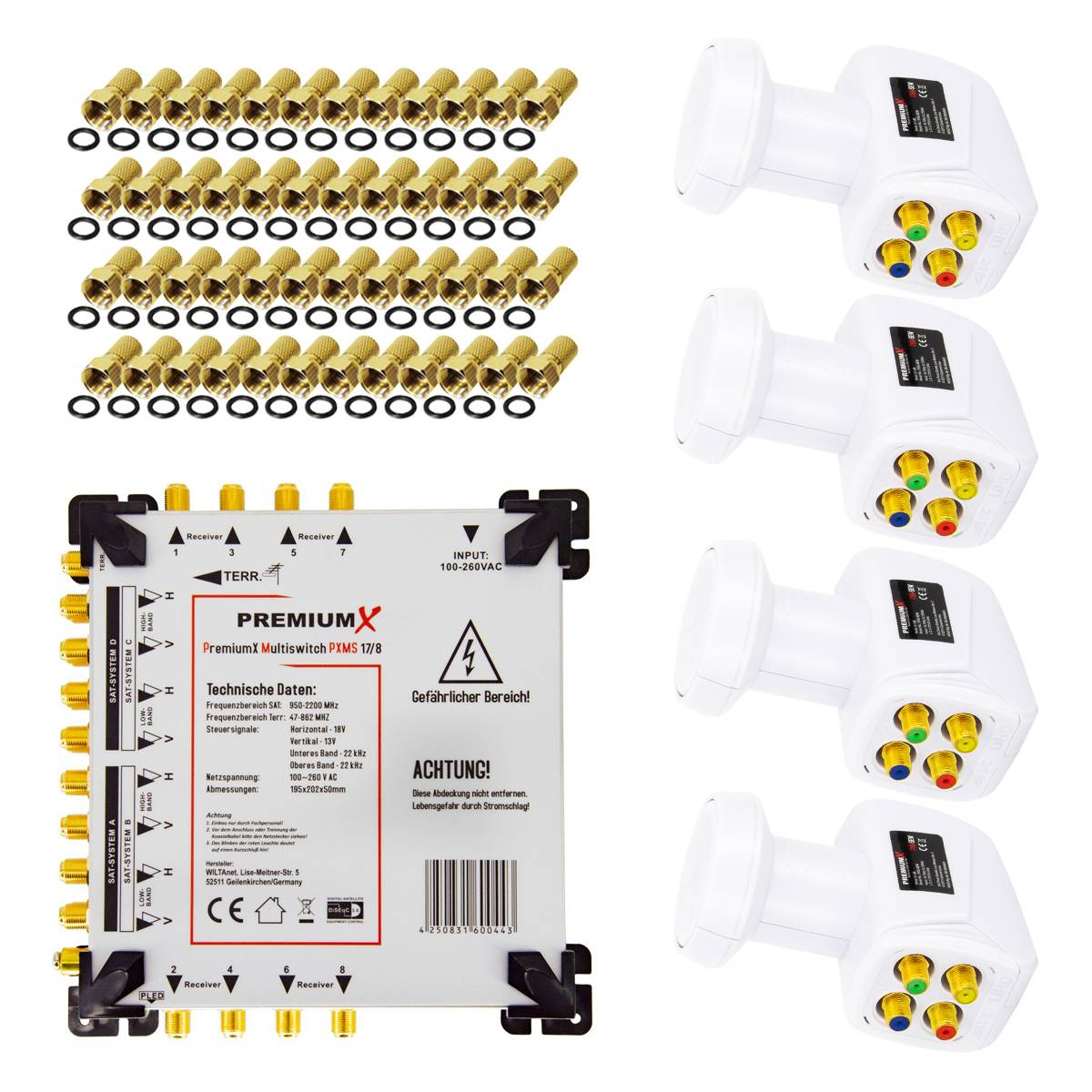 PremiumX Multischalter Set 17/8 Satelliten Multiswitch 4x Quattro LNB 48x F-Stecker Satverteiler 4 SAT bis 8 Teilnehmer