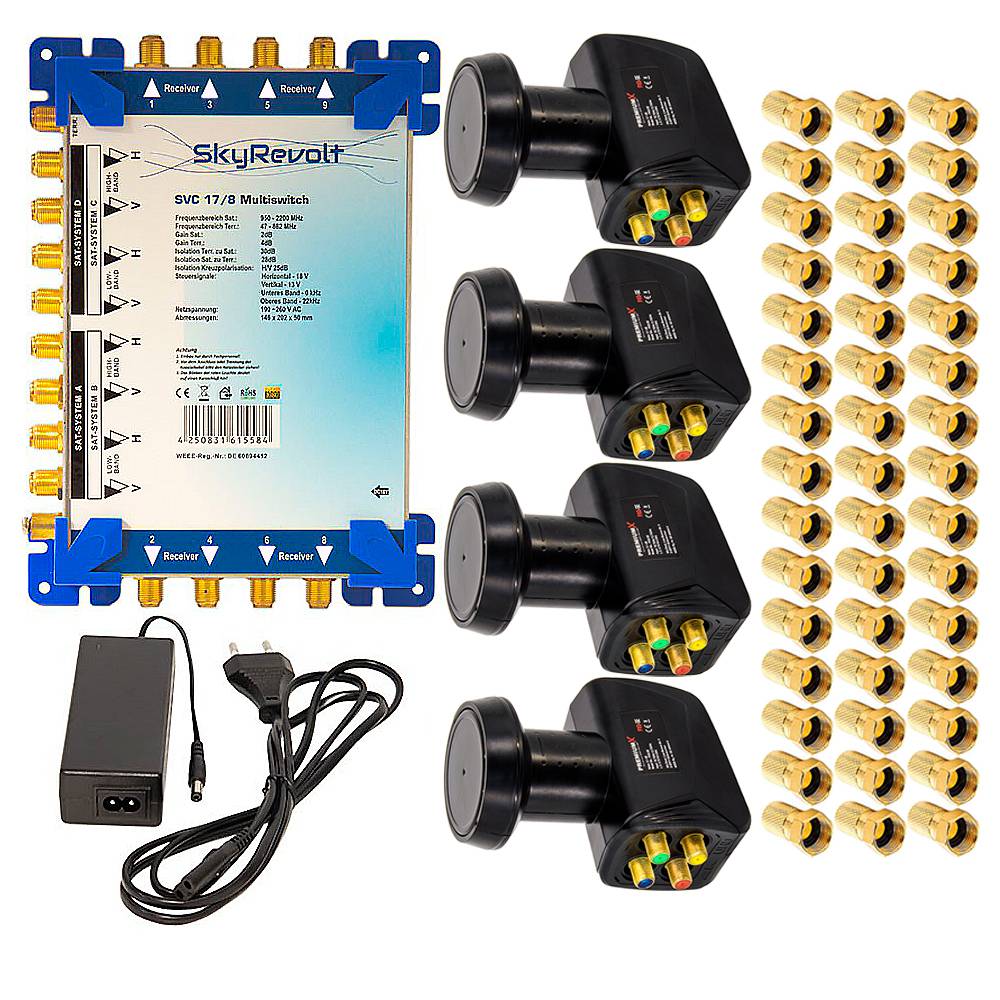 SkyRevolt SVC 17/8 Multiswitch 4 SAT 8 Anschlüsse Multischalter Satverteiler 4x PremiumX Quattro LNB 45x F-Stecker Montage Set