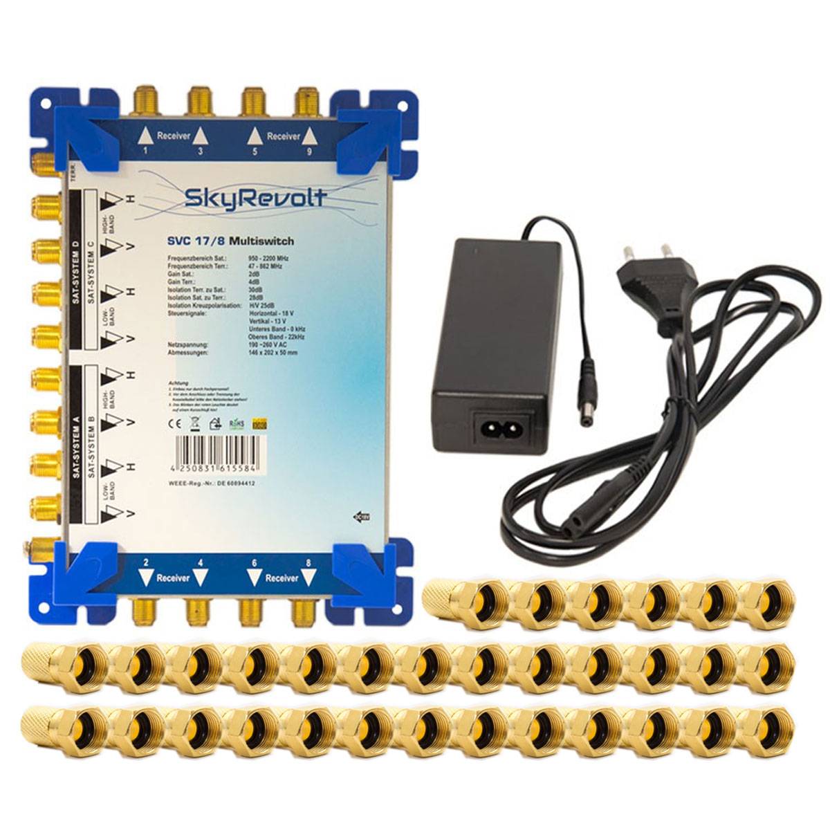 SkyRevolt SVC 17/8 Multiswitch externes Netzteil Multischalter 4 SAT für 8 Anschlüsse Satverteiler 32x F-Aufdrehstecker