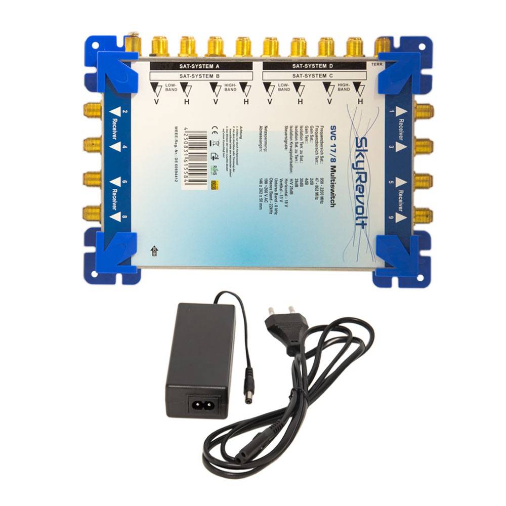 SkyRevolt SVC 17/8 Satelliten Multiswitch 4 SAT 8 Anschlüsse Multischalter Satverteiler 4x PremiumX Quattro LNB 45x F-Stecker