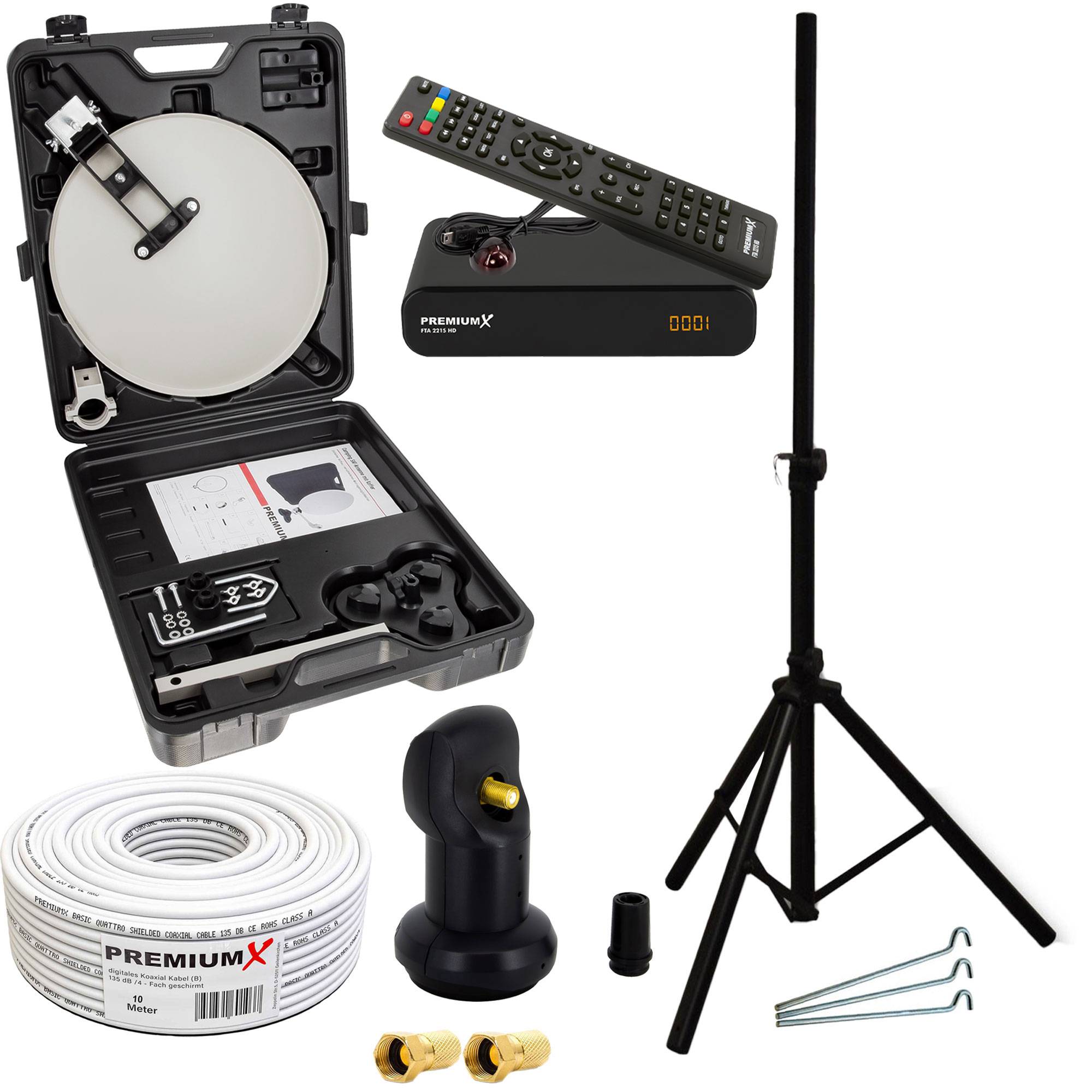PremiumX Camping Satelliten Anlage SAT Antenne Stativ HD TV Receiver Single LNB 10m Kabel F-Stecker im Koffer Camp Zubehör