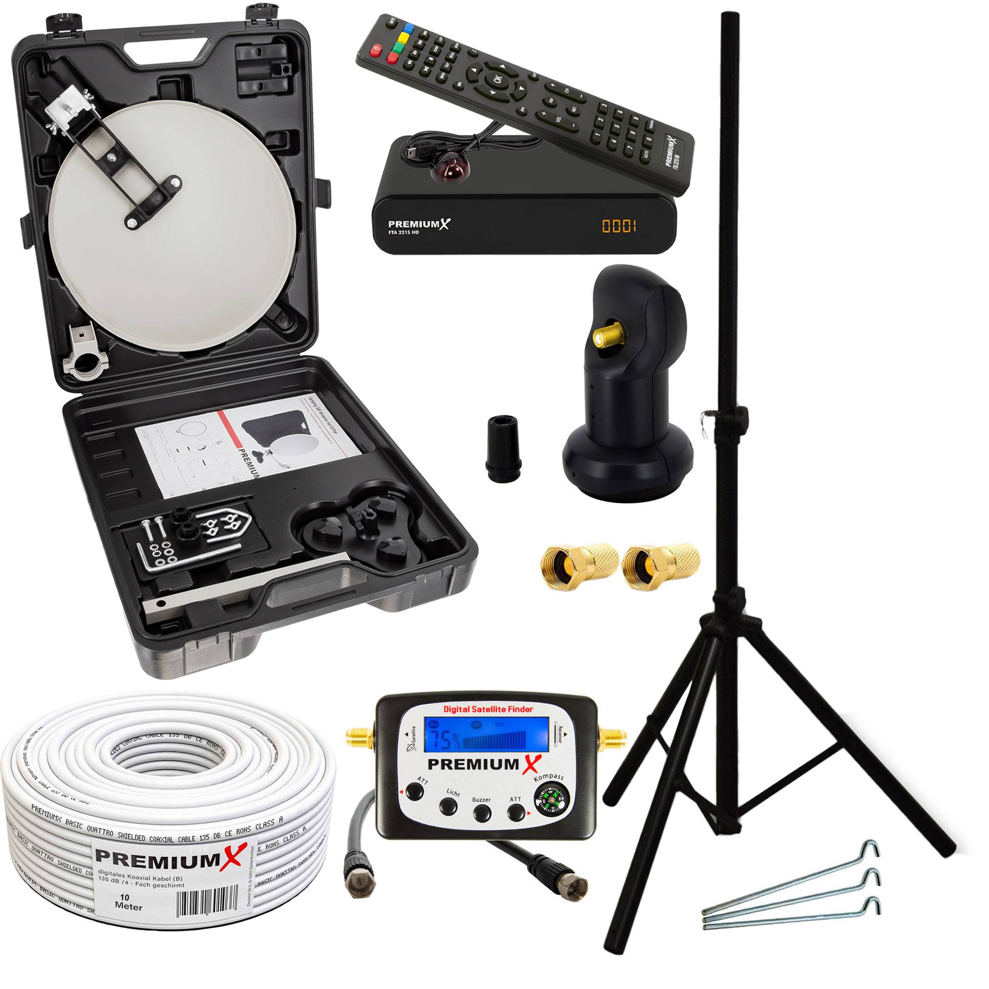 PremiumX Camping Satelliten Anlage Satellitenschüssel HD TV Receiver SAT-Finder Single LNB 10m Kabel im Koffer Stativ