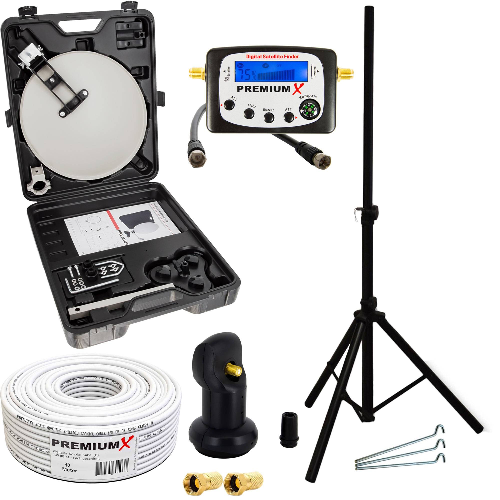 PremiumX Camping Satelliten-Anlage mobile Antenne im Koffer Single LNB TV SAT-Finder 10m Koaxial-Kabel F-Stecker Dreibein Stativ