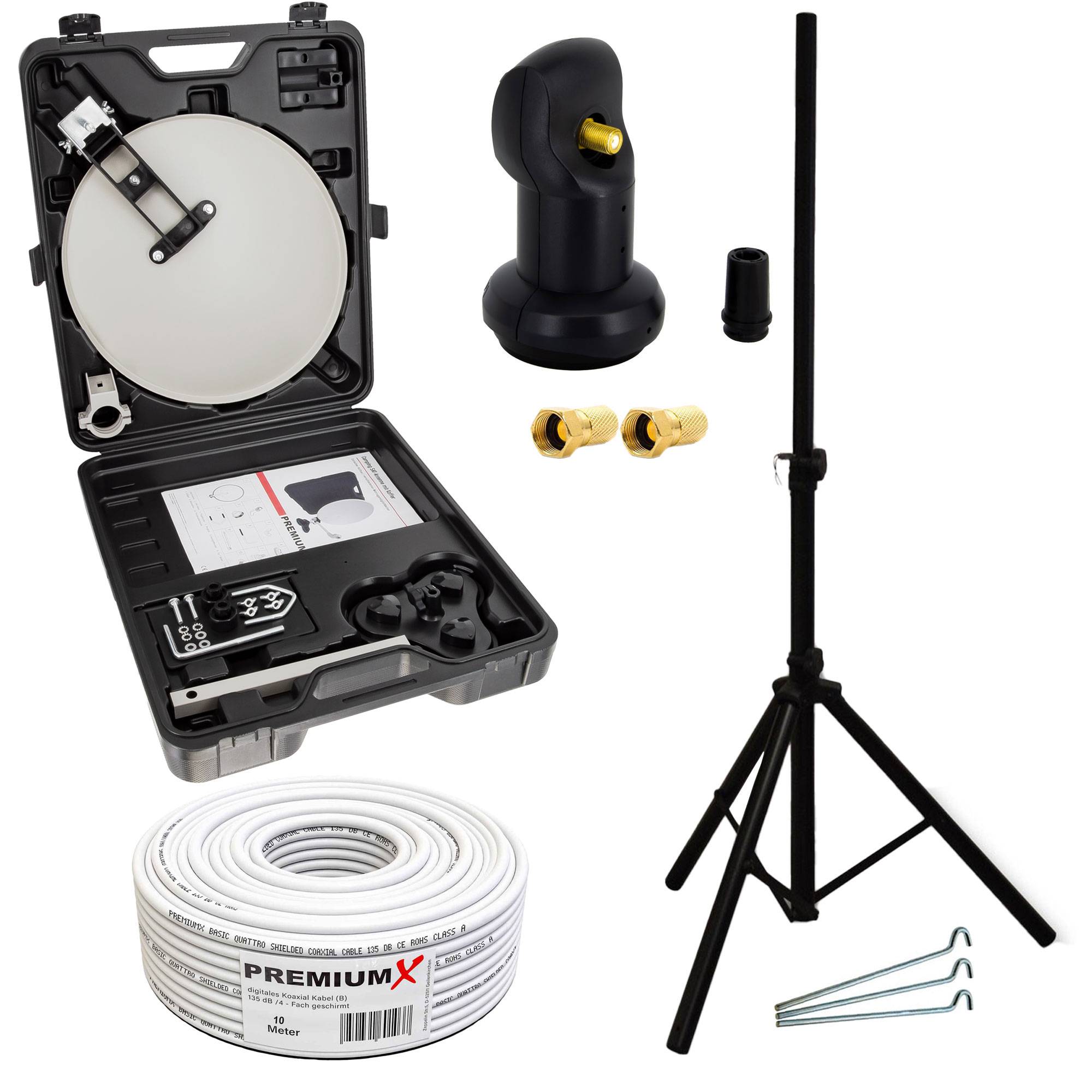 PremiumX Camping Satelliten-Anlage Mobile Satellitenschüssel SAT TV Single LNB 10m Kabel 2x F-Stecker Koffer Camp Stativ