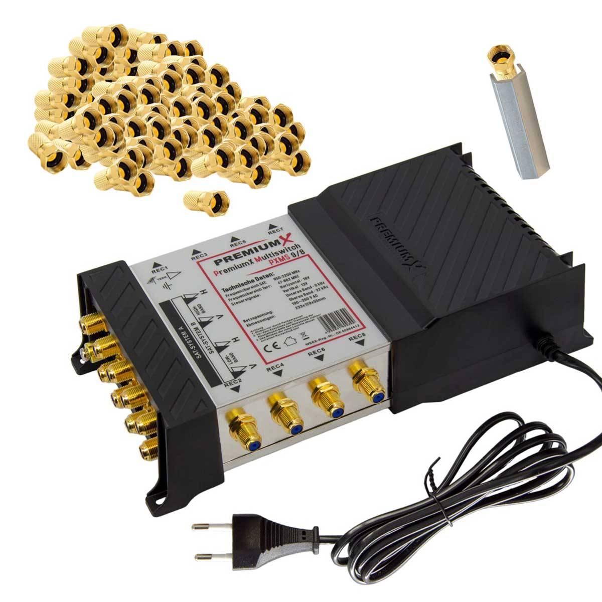 PremiumX Multischalter Set 9/8 Multiswitch F-Aufdrehhilfe 32x F-Stecker, Signalverteiler 2 SAT für 8 Teilnehmer