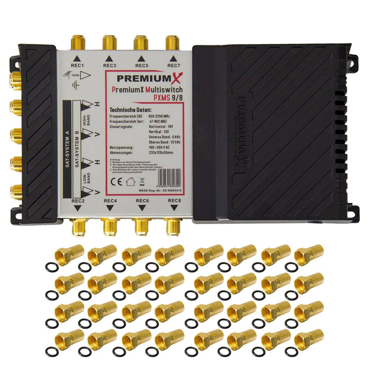 PremiumX Multischalter Set 9-8 Multiswitch 32x F-Stecker, Signalverteiler 2 SAT für 8 Anschlüsse