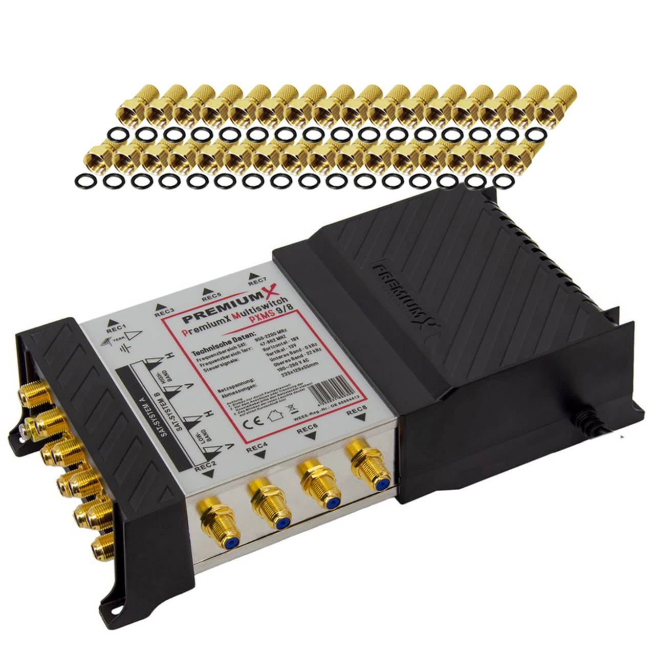 PremiumX Multischalter Set 9-8 Multiswitch 32x F-Stecker, Signalverteiler 2 SAT für 8 Anschlüsse