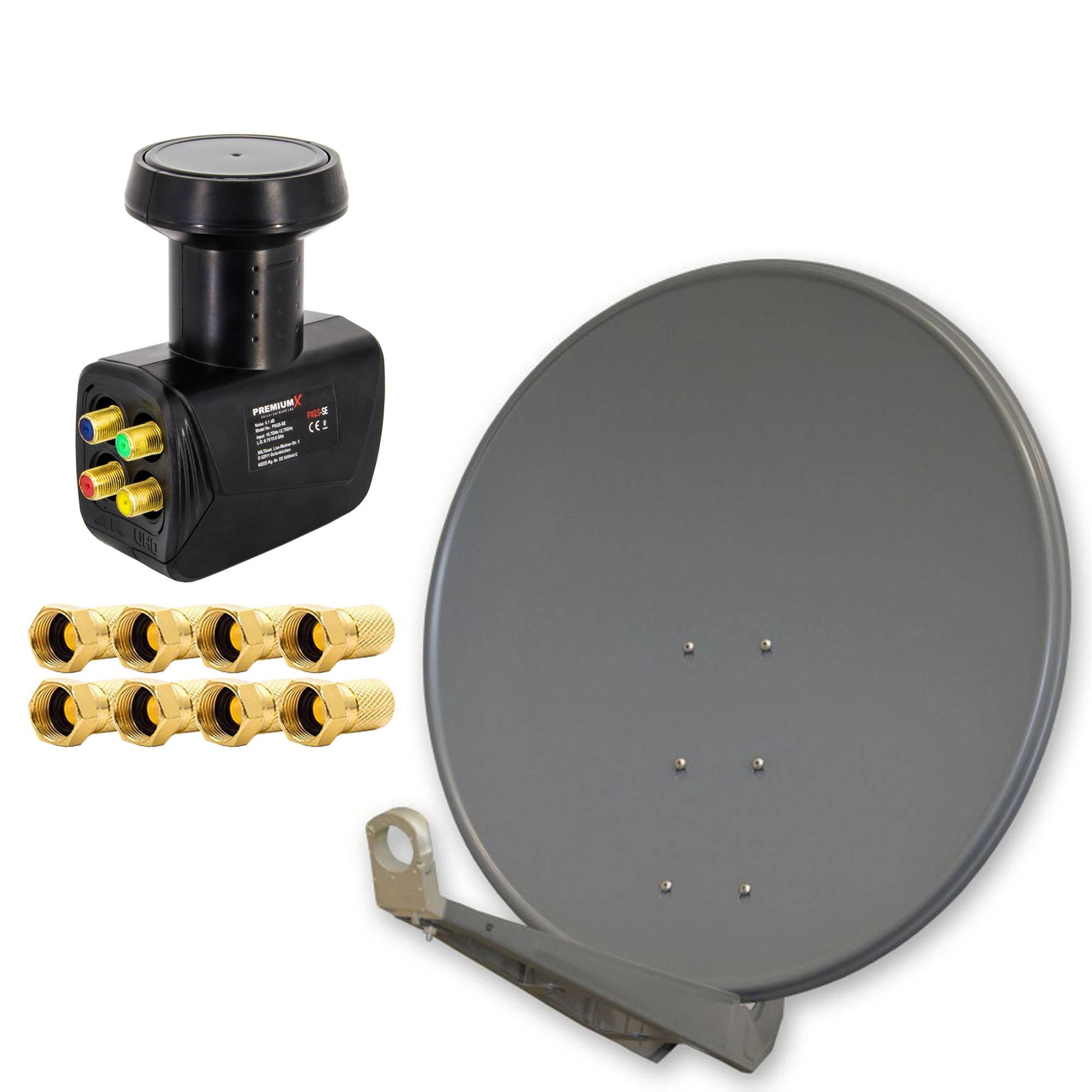 PremiumX DELUXE 100 cm Anthrazit Sat Antenne Satelliten Schüssel Spiegel Alu mit einem Quad LNB 4 Teilnehmer für den Direktanschluss mit F-Stecker