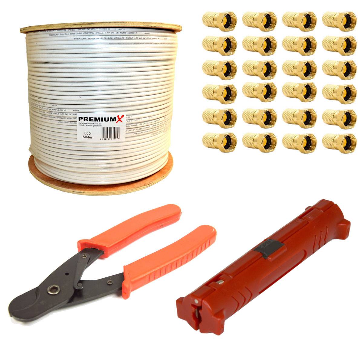 PremiumX 500m BASIC Koaxialkabel 135dB 4-fach SAT Koax Antennen-Kabel mit 24x F-Stecker Kabelschneider Abisolierer