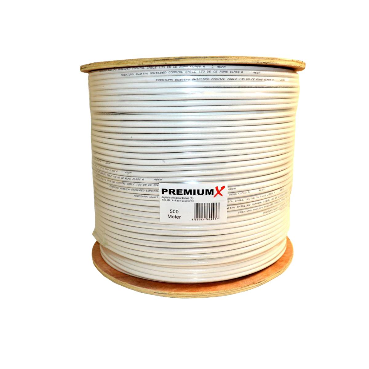 PremiumX 500m BASIC Koaxialkabel 135dB 4-fach SAT Koax Antennen-Kabel mit 24x F-Stecker Kabelschneider Abisolierer