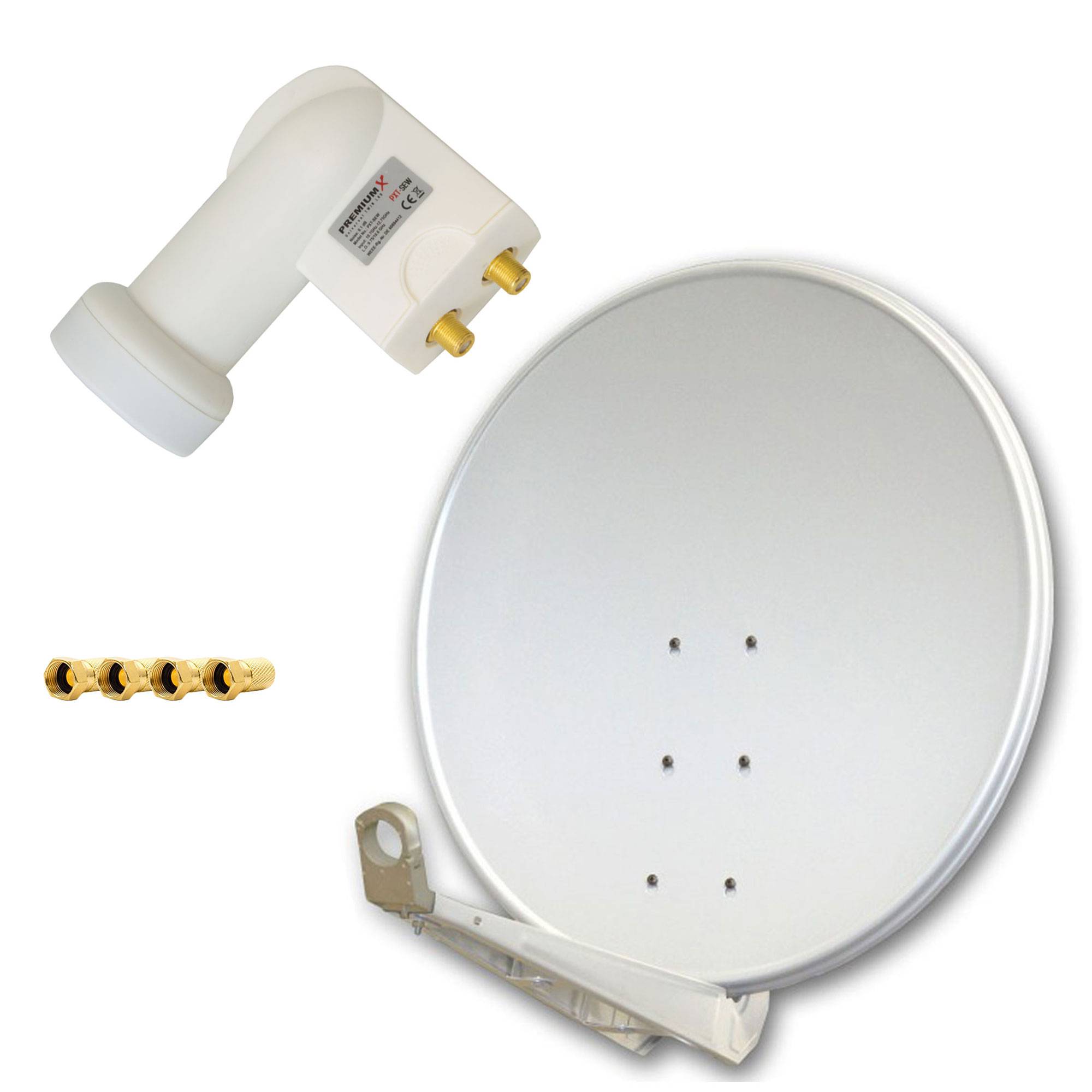 PremiumX DELUXE100 Satellitenantenne 100 cm Aluminium Hellgrau + Twin LNB PXT-SEW 0,1 dB Digital Sat Empfangskopf WE weiß + 4x F-Stecker