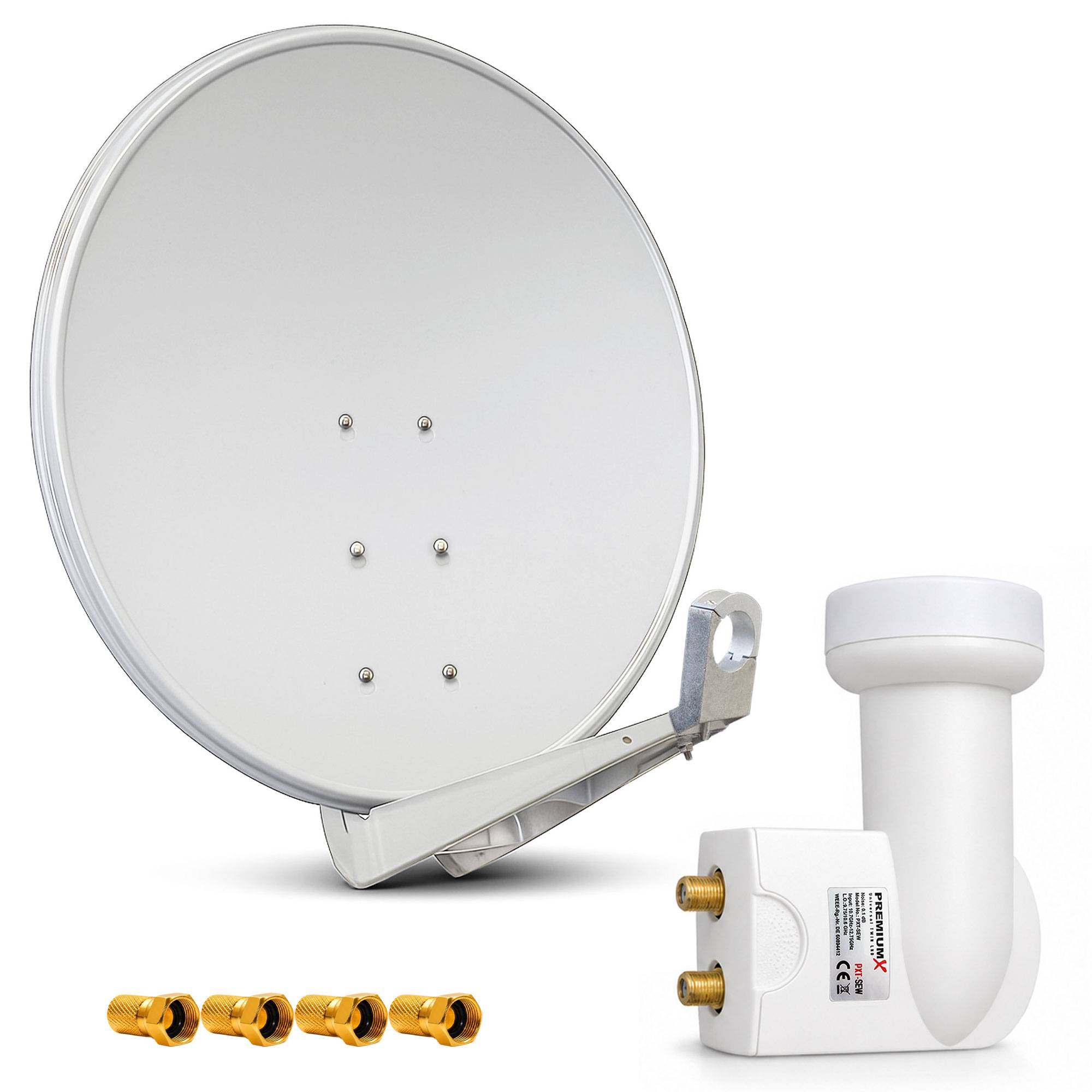 Satellitenschüssel-Antenne mit LNB-Empfänger und vier goldenen F-Steckern, dargestellt als weißes Ausrüstungsset auf neutralem Hintergrund.