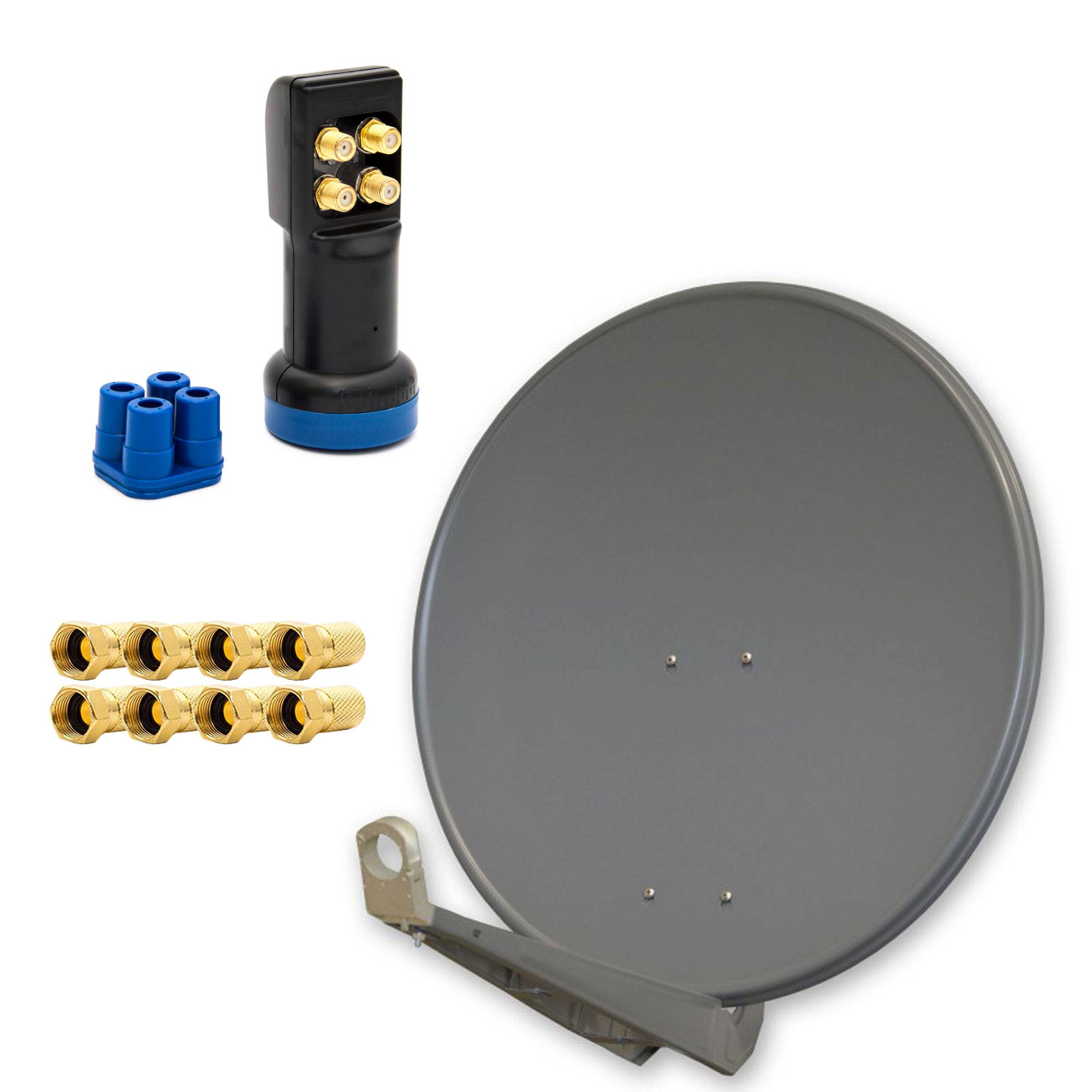 PremiumX DELUXE SAT Anlage bis 4 TV Receiver 85cm Satellitenantenne Aluminium Anthrazit mit LED Quad LNB inkl. 8x F-Stecker
