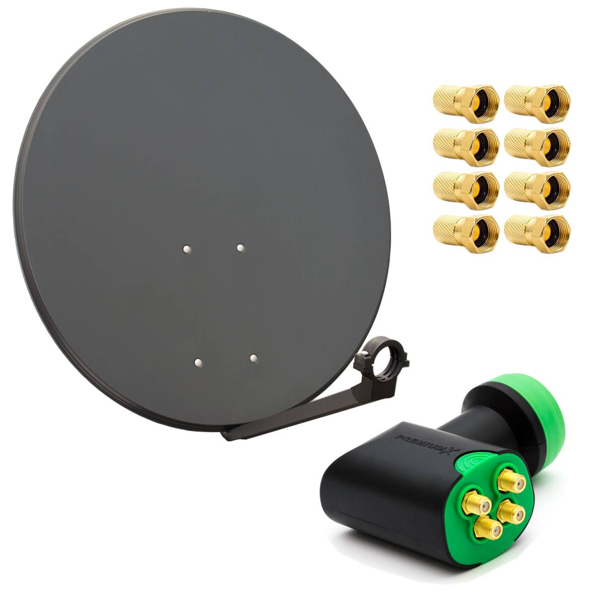 PremiumX Satelliten-Komplettanlage 80cm Satellitenschüssel Anthrazit Quad LNB 8x F-Stecker, 1 SAT für 4 Teilnehmer