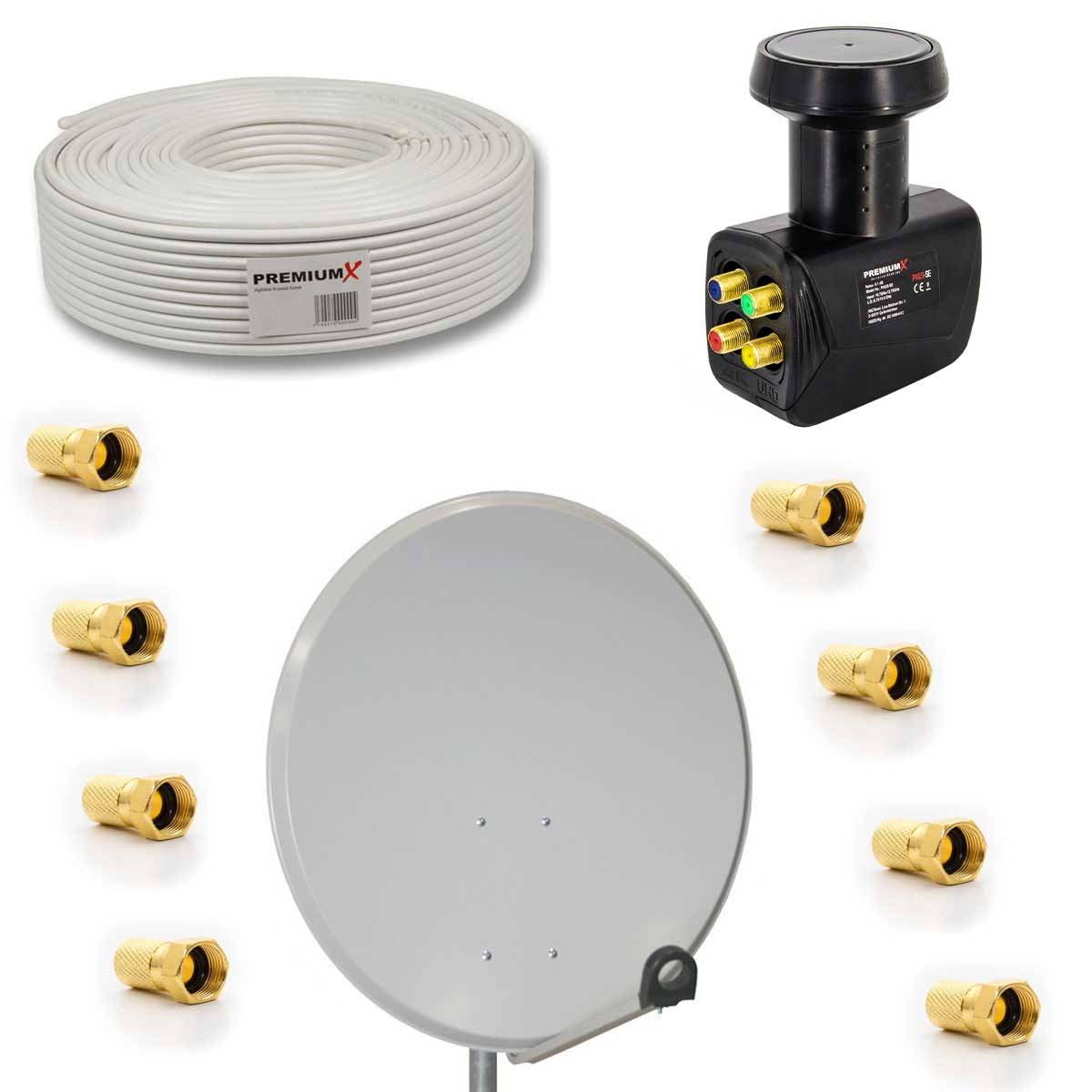 PremiumX Satelliten-Komplettanlage 80cm Satellitenschüssel Aluminium Hellgrau Quad LNB 50m Kabel F-Stecker, SAT bis 8 Teilnehmer