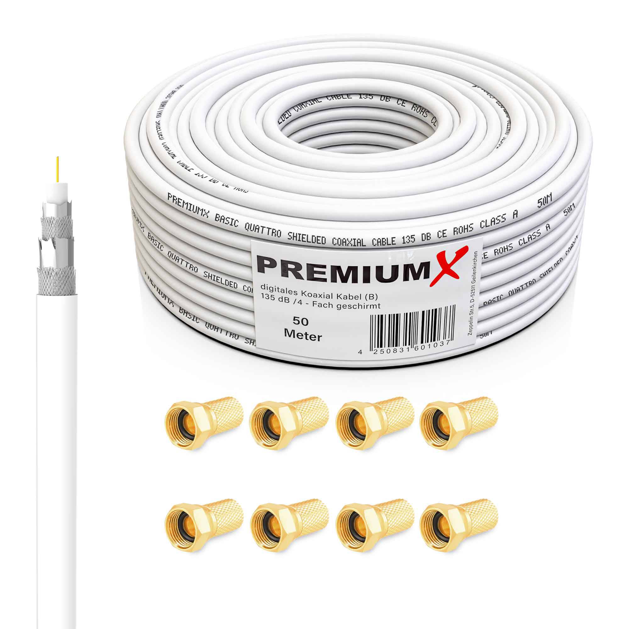 PremiumX Satelliten-Komplettanlage 80cm Satellitenschüssel ALU Quad LNB 50m Kabel F-Stecker 45cm Wandhalter, SAT bis 4 Teilnehmer