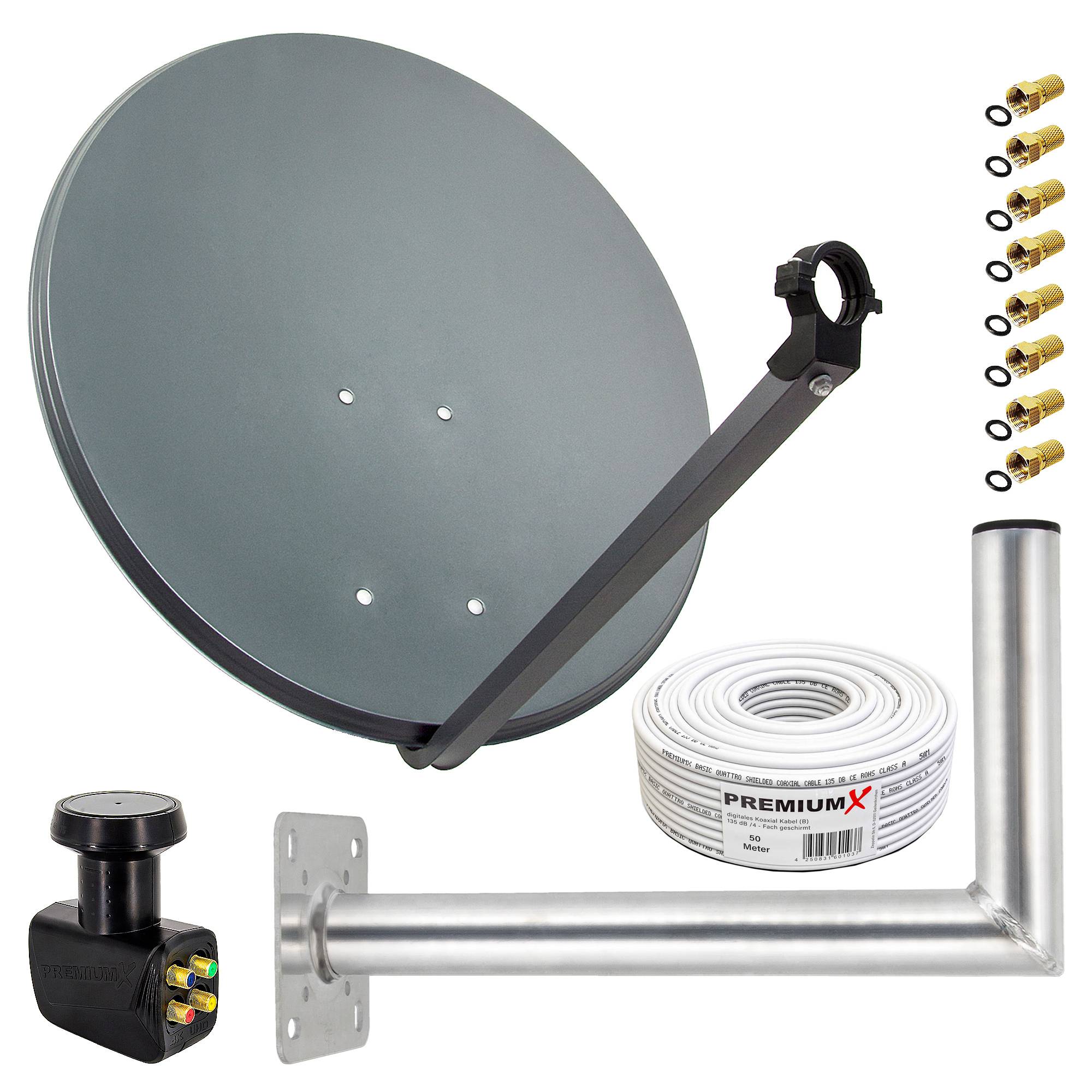 PremiumX Satelliten-Komplettanlage 80cm Satellitenschüssel ALU Quad LNB 50m Kabel F-Stecker 45cm Wandhalter, SAT bis 4 Teilnehmer