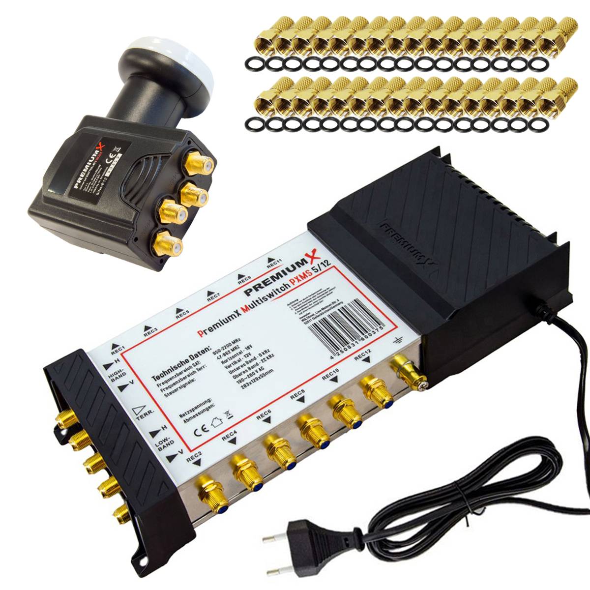 PremiumX Multischalter Set 5/12 Multiswitch Deluxe Quattro LNB 32x F-Stecker, Signalverteiler 1 SAT für 12 Teilnehmer