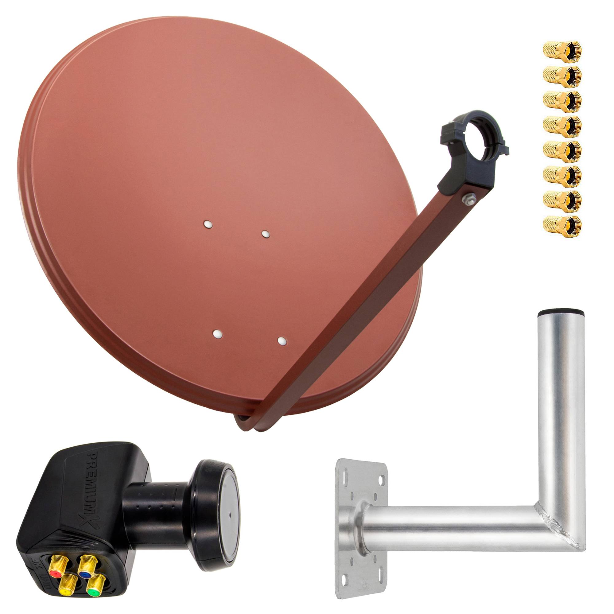 PremiumX Satelliten-Komplettanlage 80cm Satellitenschüssel Ziegelrot Quad LNB 8x F-Stecker Wandhalter 25cm, SAT bis 4 Teilnehmer