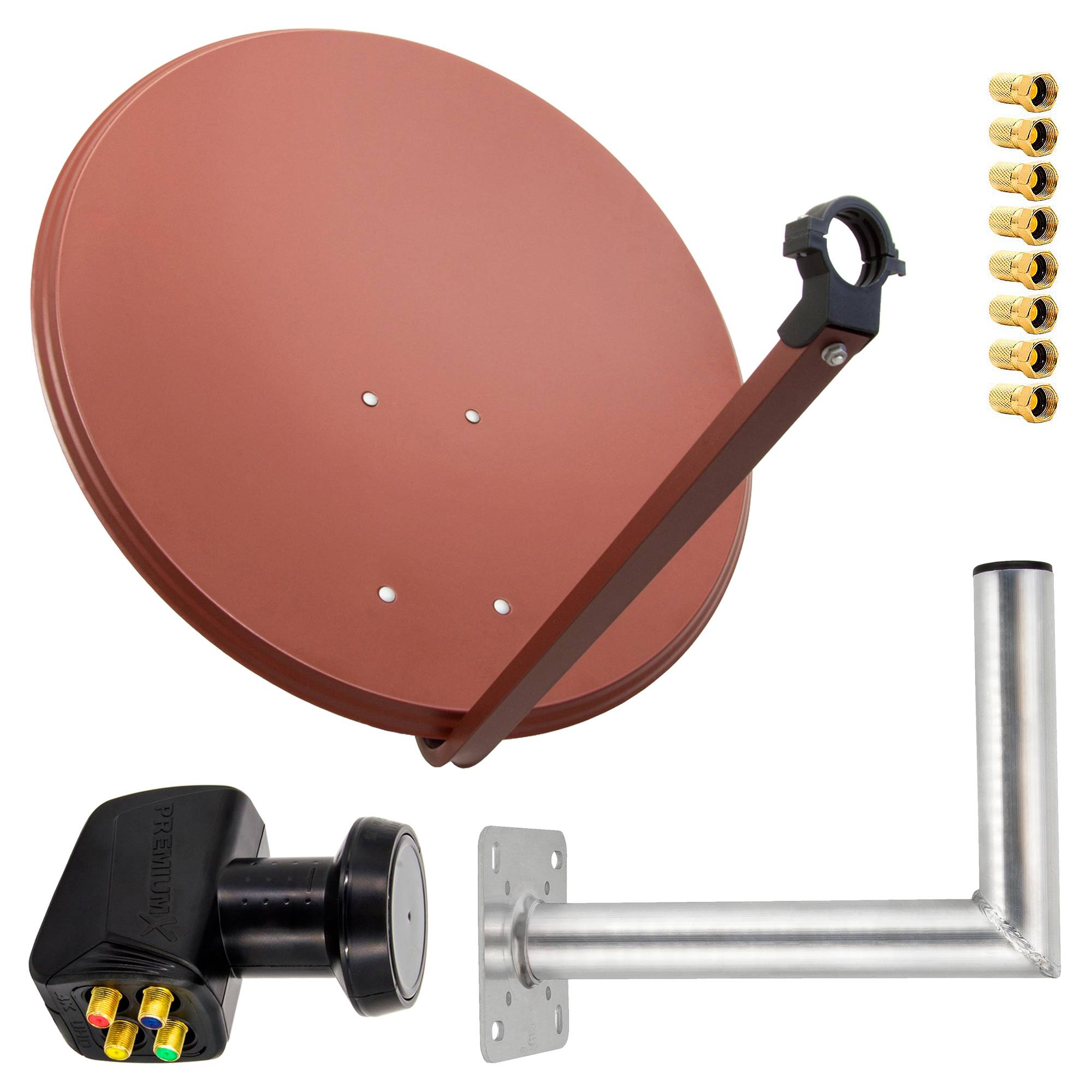 PremiumX Satelliten-Komplettanlage 80cm Satellitenschüssel Ziegelrot Quad LNB 8x F-Stecker Wandhalter 35cm, SAT bis 4 Teilnehmer