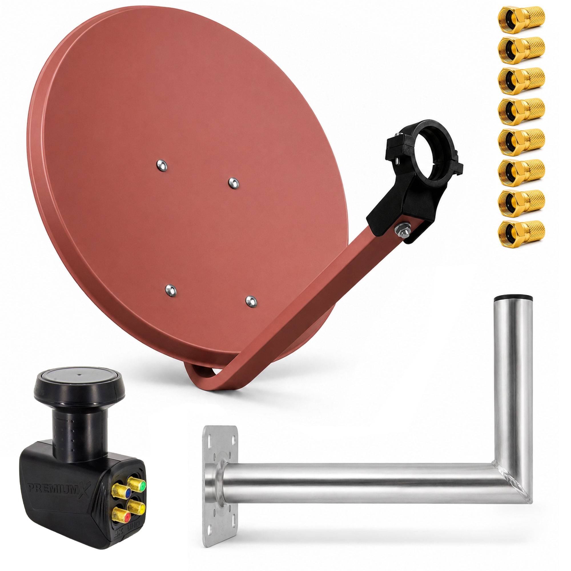 Satellitensch-Montageset mit Schüssel, L-förmiger Wandhalterung, Speisearm-Klemme, Anschlussblock und Schrauben auf weißem Hintergrund