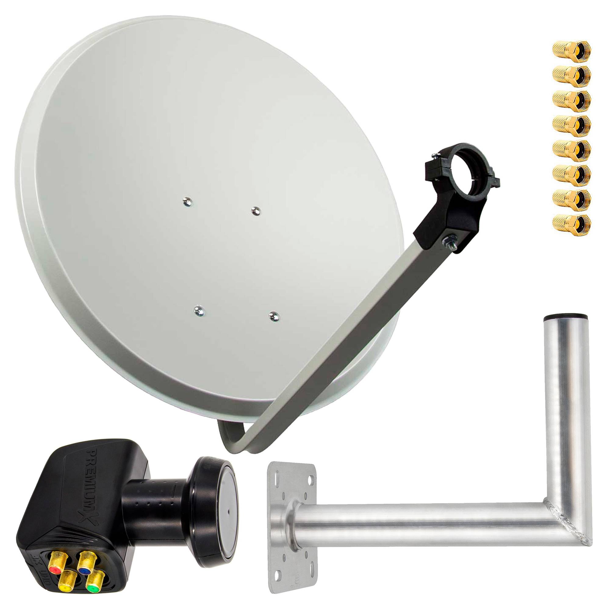 PremiumX Satelliten-Komplettanlage 80cm Satellitenschüssel Hellgrau Quad LNB F-Stecker Wandhalter 35cm - SAT bis 4 Teilnehmer