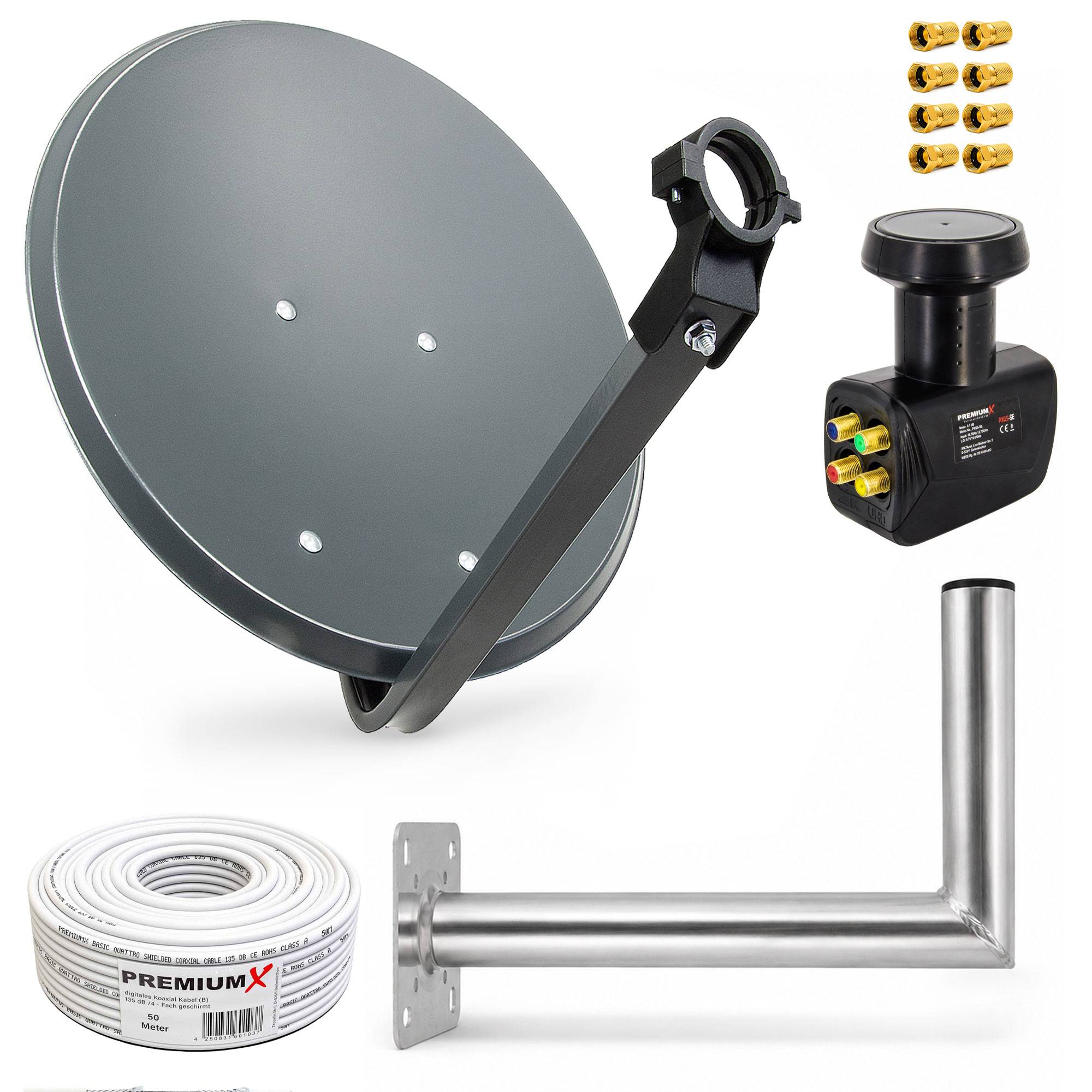 Satellitenantennenbefestigungsset mit Antenne, L-förmiger Wandhalterung, LNB, Kabelrolle und Befestigungsschrauben für die Außeninstallation.